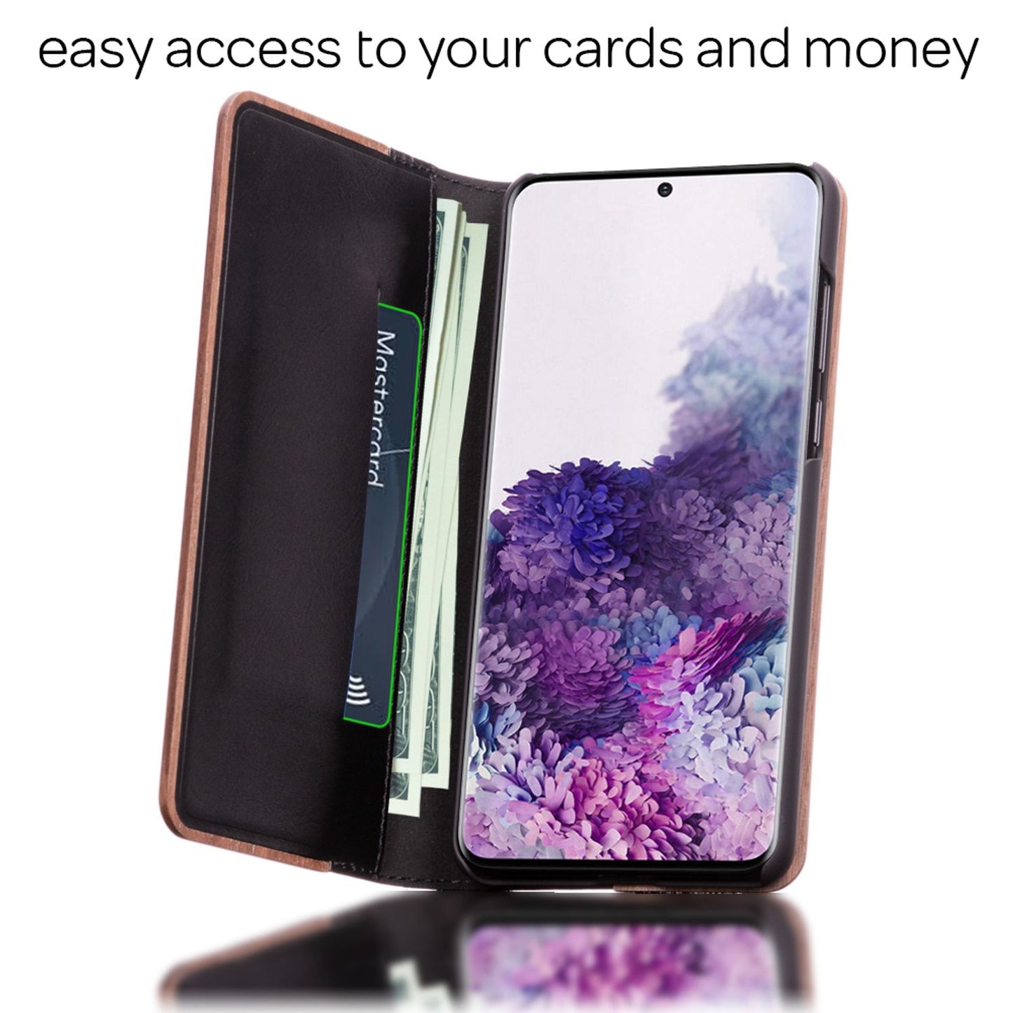 Husă NALIA din lemn masiv - Capacitate 2 sloturi pentru carduri, Dimensiunea se potrivește perfect cu Galaxy S20 Plus, Material FSC Lemn de nuc