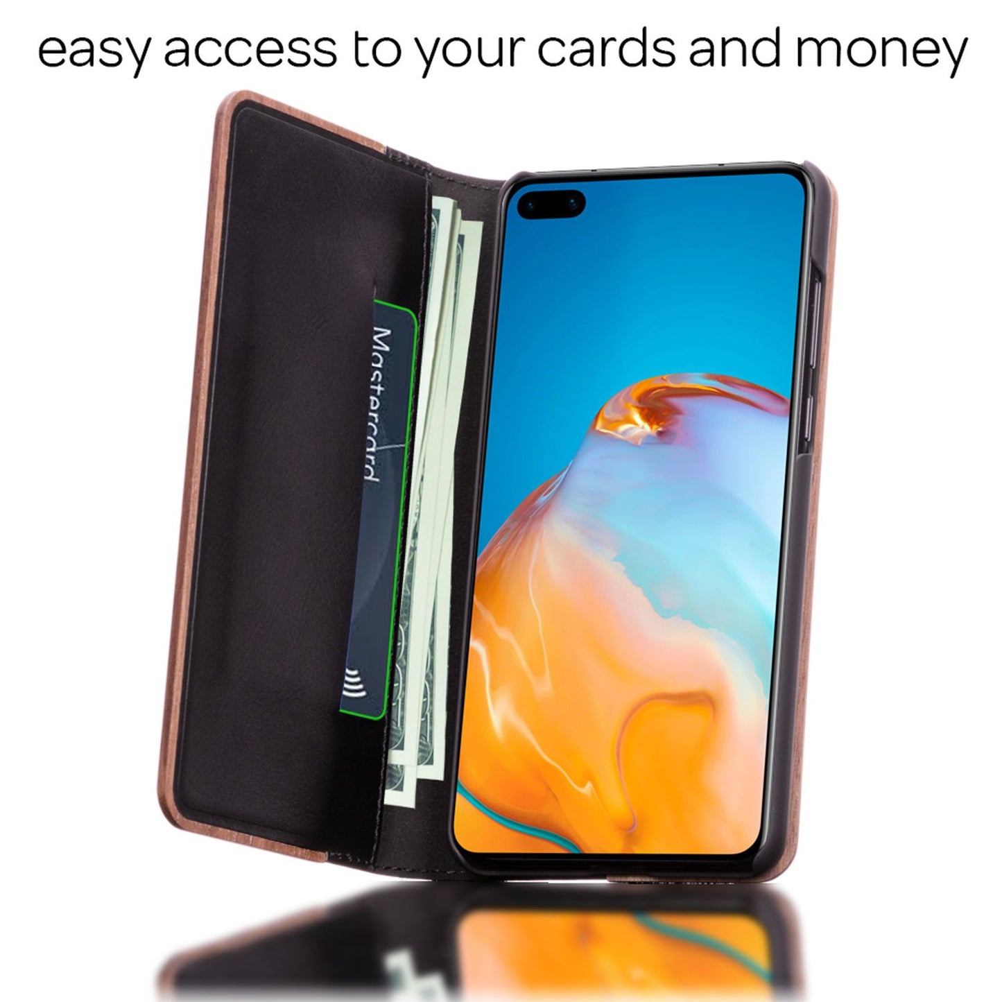 NALIA Huawei P40 Echt Holz Flip Case - Kartenkapazität 3 Karten, Größe Kompakt, 360 Grad Klappfunktion