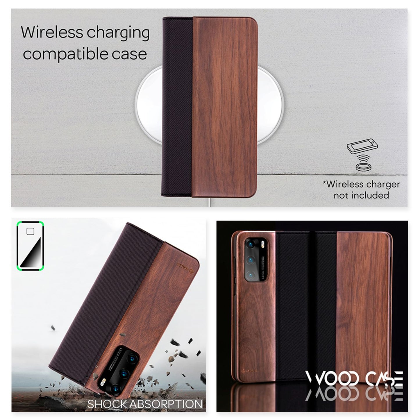 NALIA Huawei P40 Echt Holz Flip Case - Kartenkapazität 3 Karten, Größe Kompakt, 360 Grad Klappfunktion