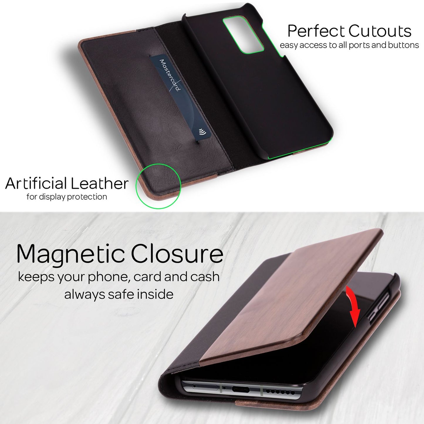 NALIA Huawei P40 Echt Holz Flip Case - Kartenkapazität 3 Karten, Größe Kompakt, 360 Grad Klappfunktion