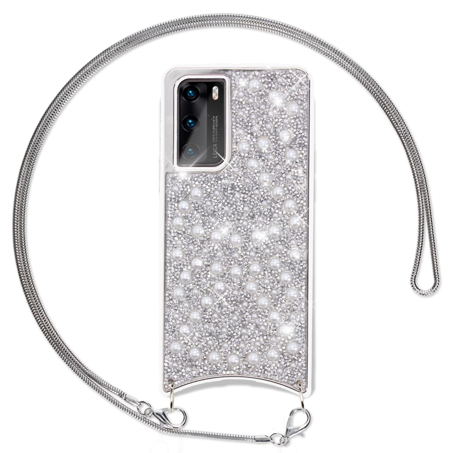 NALIA Glitzer Case mit Kette für Huawei P40, Handy Hülle Umhänge Band Cover Case
