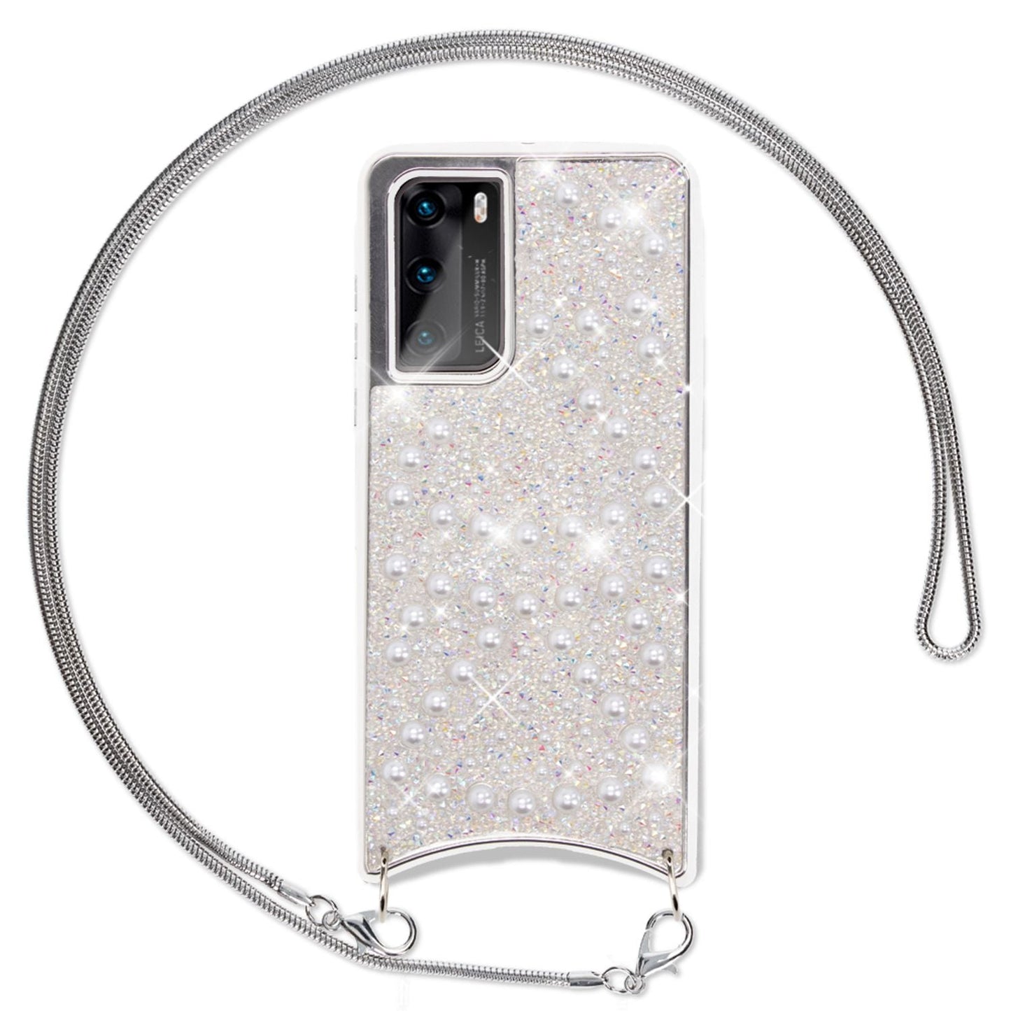 NALIA Glitzer Case mit Kette für Huawei P40, Handy Hülle Umhänge Band Cover Case