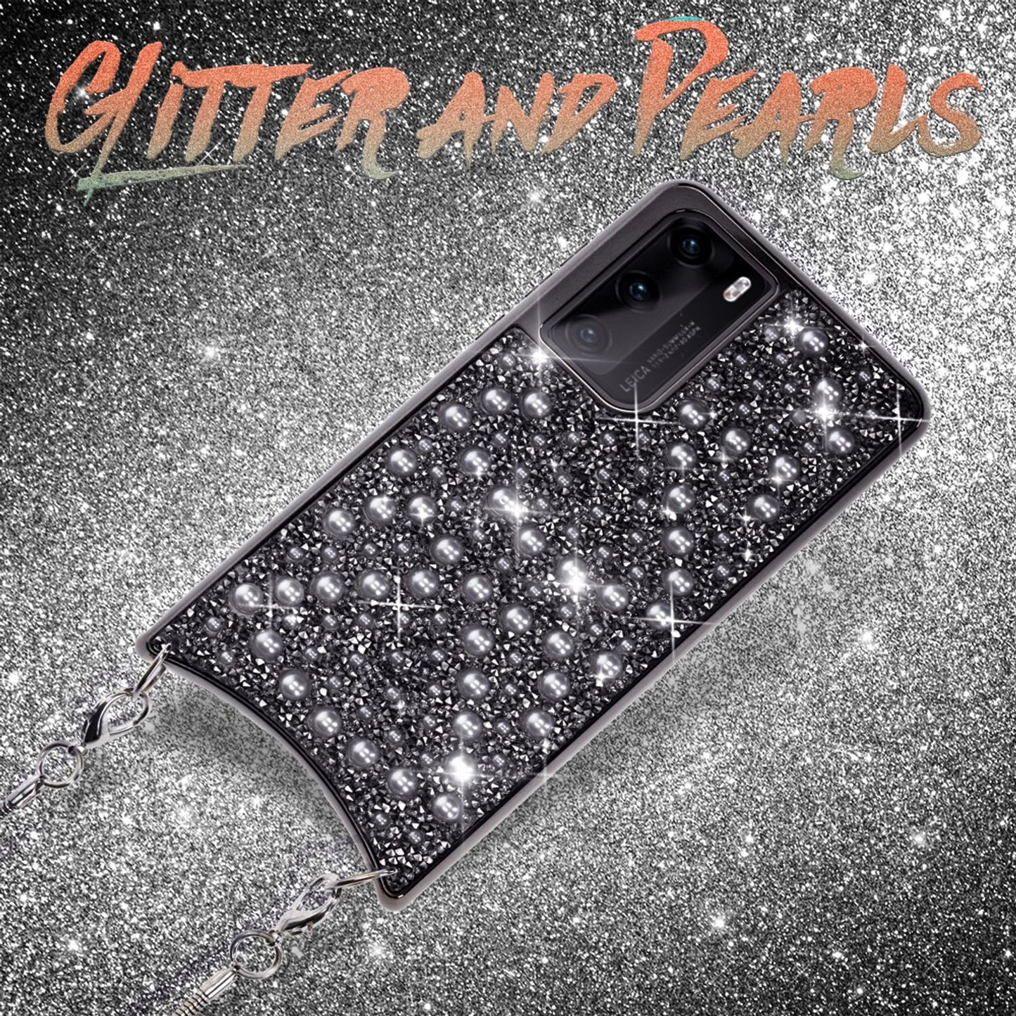 NALIA Glitzer Case mit Kette für Huawei P40, Handy Hülle Umhänge Band Cover Case