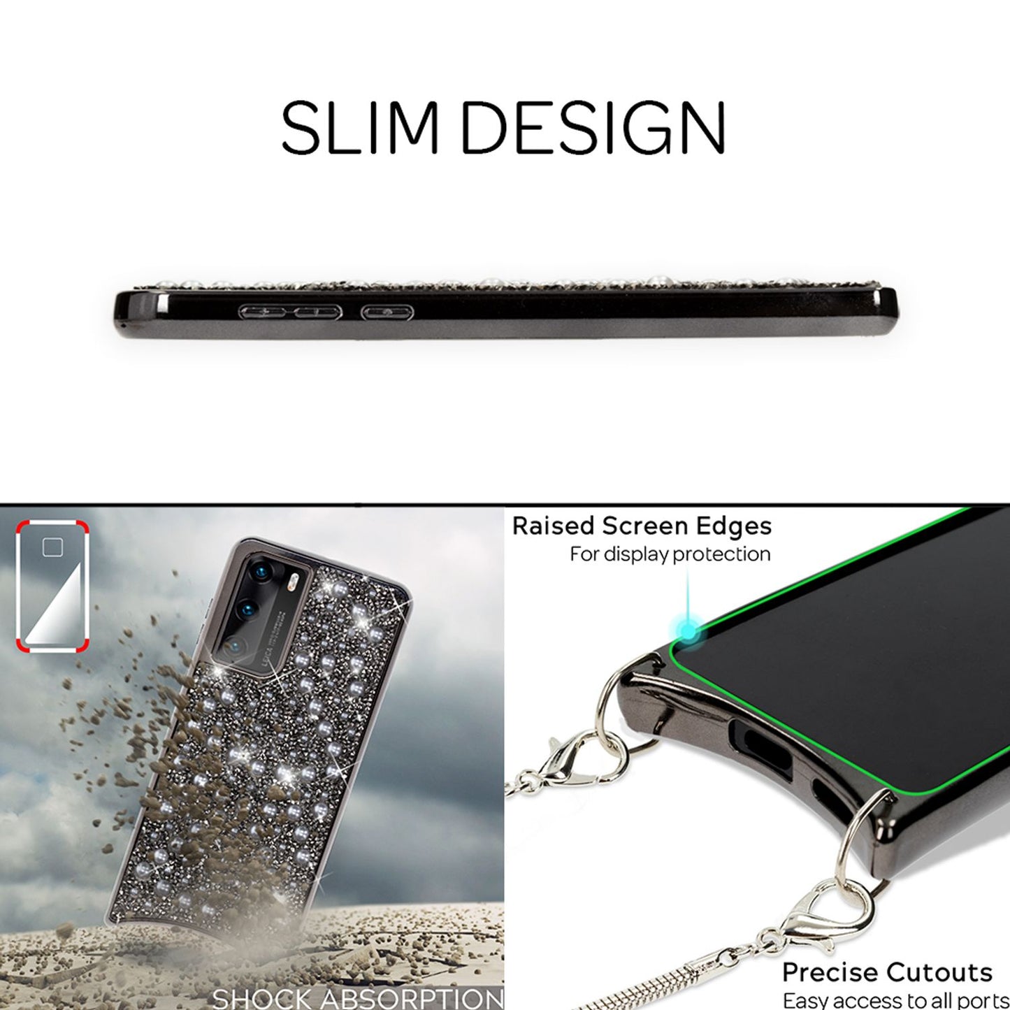 NALIA Glitzer Case mit Kette für Huawei P40, Handy Hülle Umhänge Band Cover Case