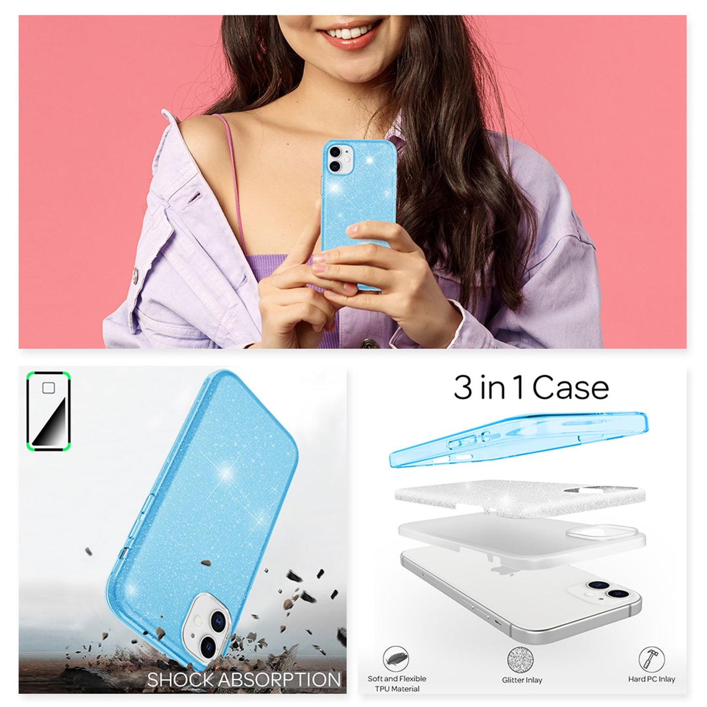 NALIA Glitzer Handy Hülle für iPhone 12 / 12 Pro, Bling Case Case Schutz Cover