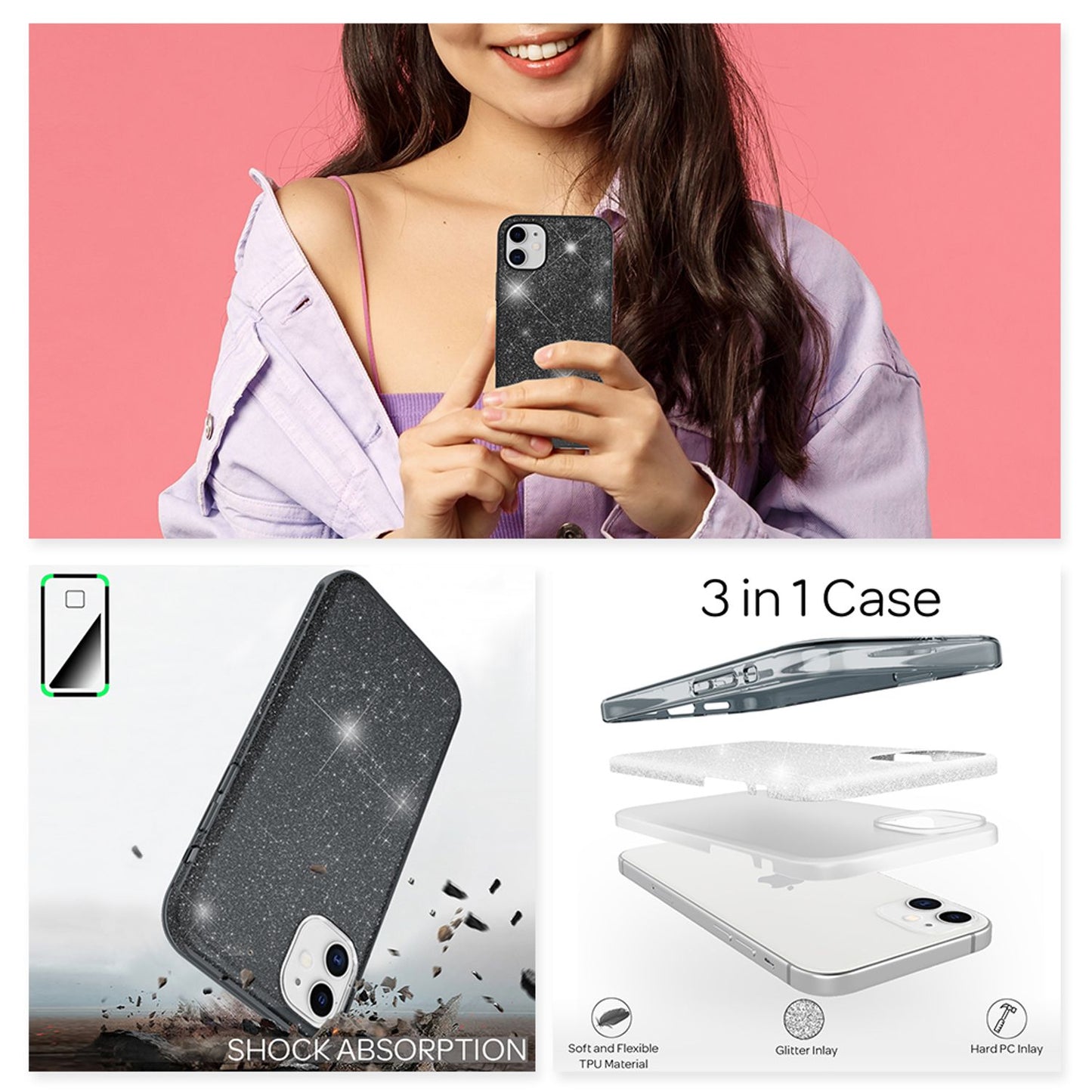 NALIA Glitzer Handy Hülle für iPhone 12 / 12 Pro, Bling Case Case Schutz Cover