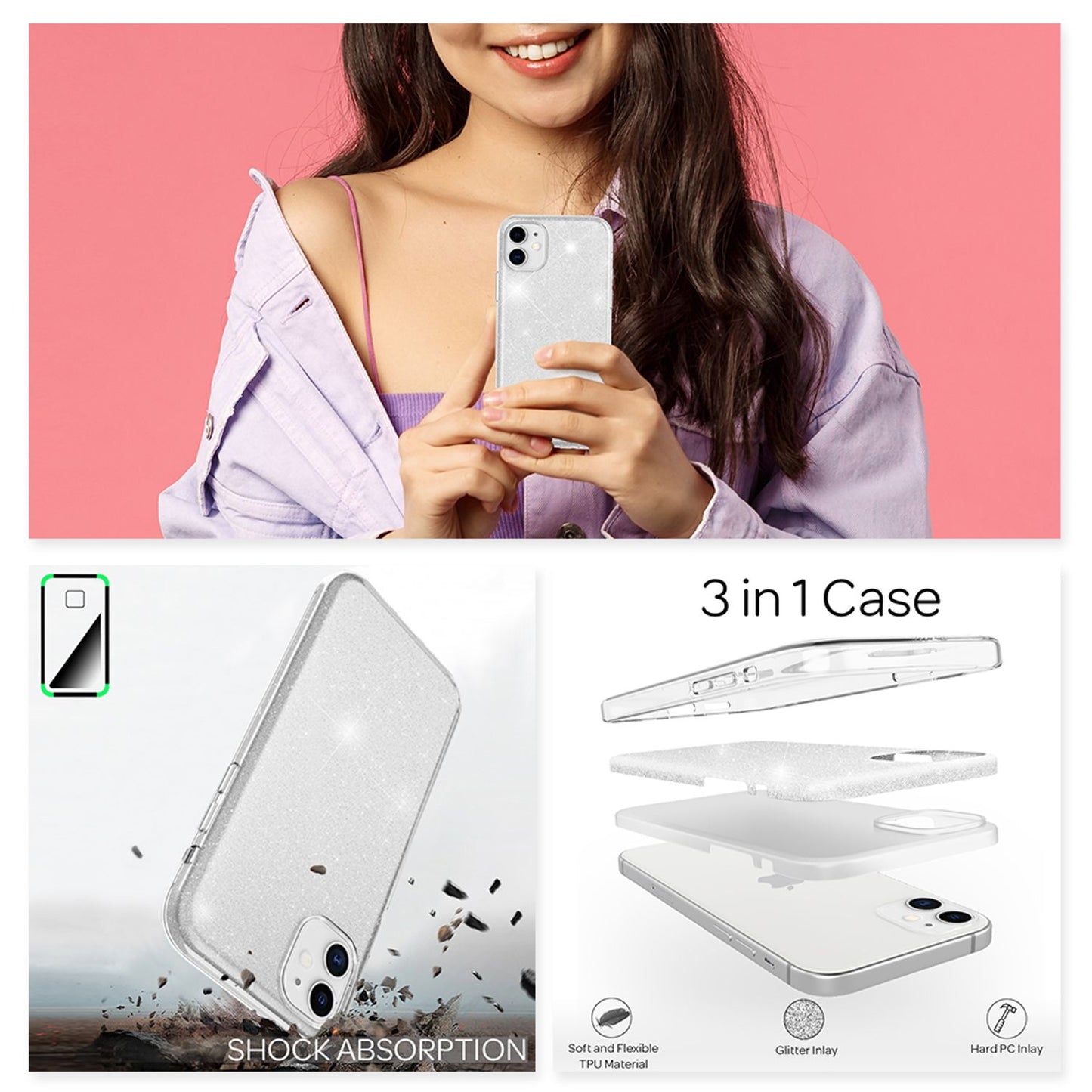 NALIA Glitzer Handy Hülle für iPhone 12 / 12 Pro, Bling Case Case Schutz Cover