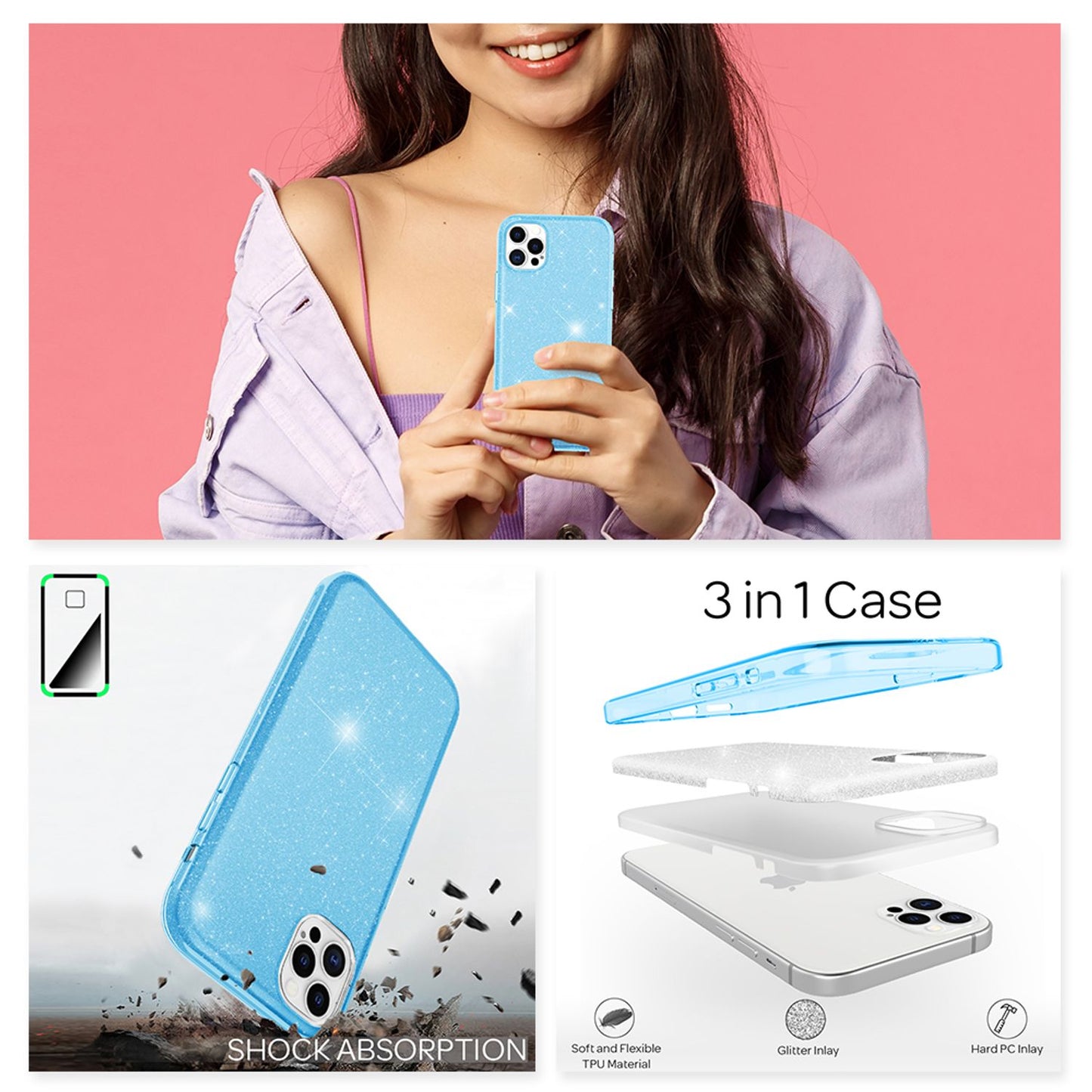 NALIA Glitzer Handy Hülle für iPhone 12 Pro Max, Bling Case Glitter Cover Bumper