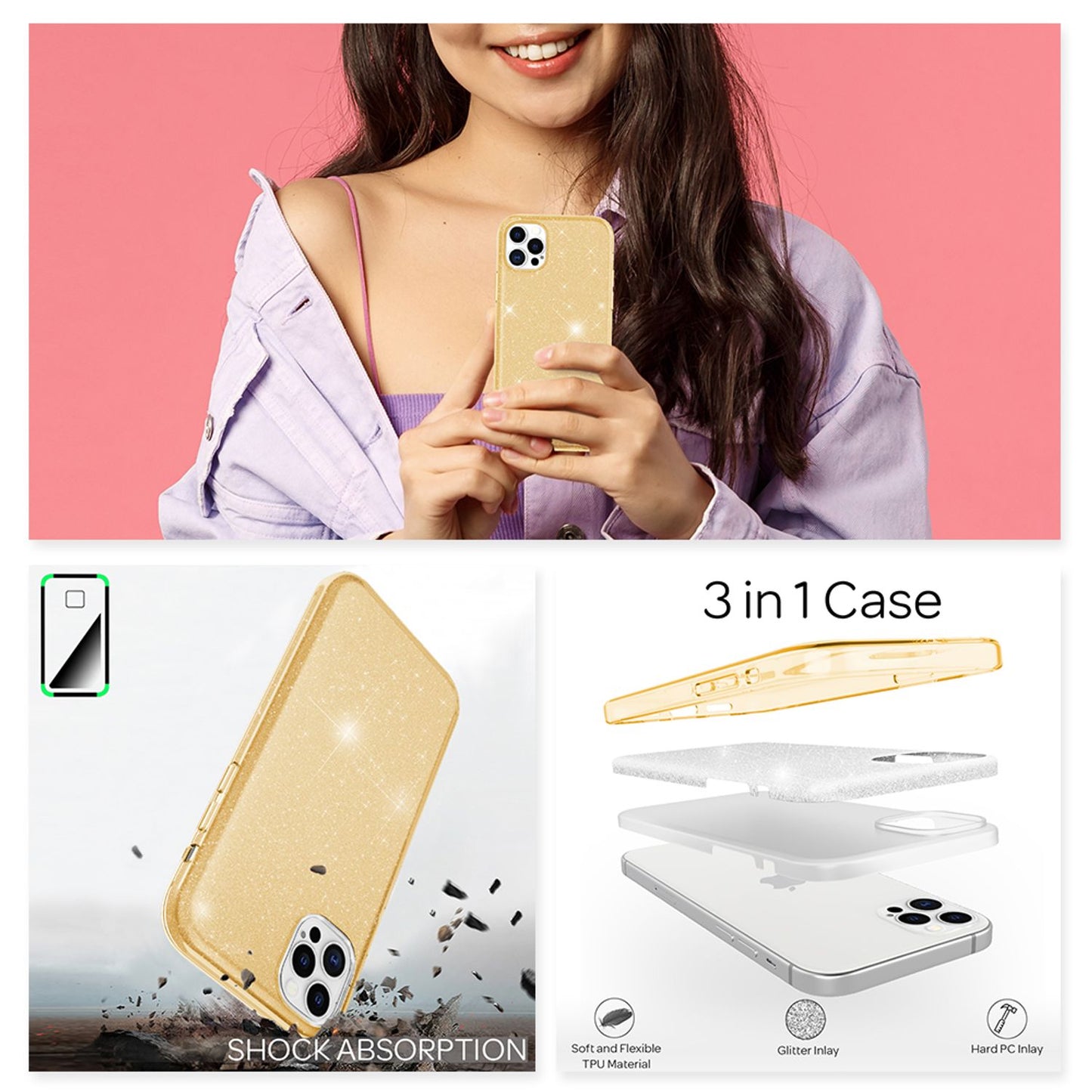 NALIA Glitzer Handy Hülle für iPhone 12 Pro Max, Bling Case Glitter Cover Bumper