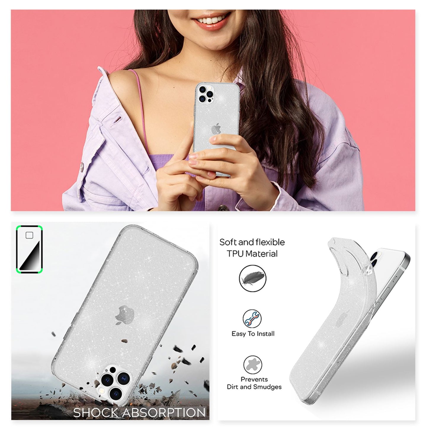 NALIA Glitzer Hülle für iPhone 12 Pro Max, Bling Handy Cover Schutz Glitter Case