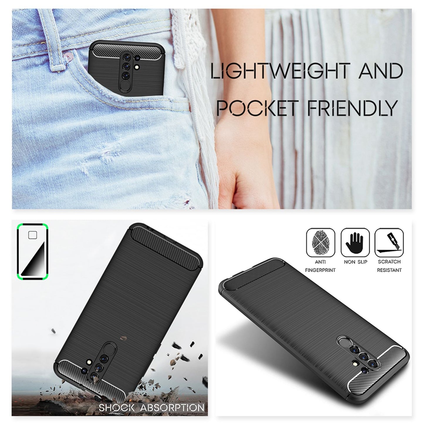 NALIA Handy Hülle für Xiaomi Redmi 9, Carbon Look Silikon Schutz Case Cover TPU