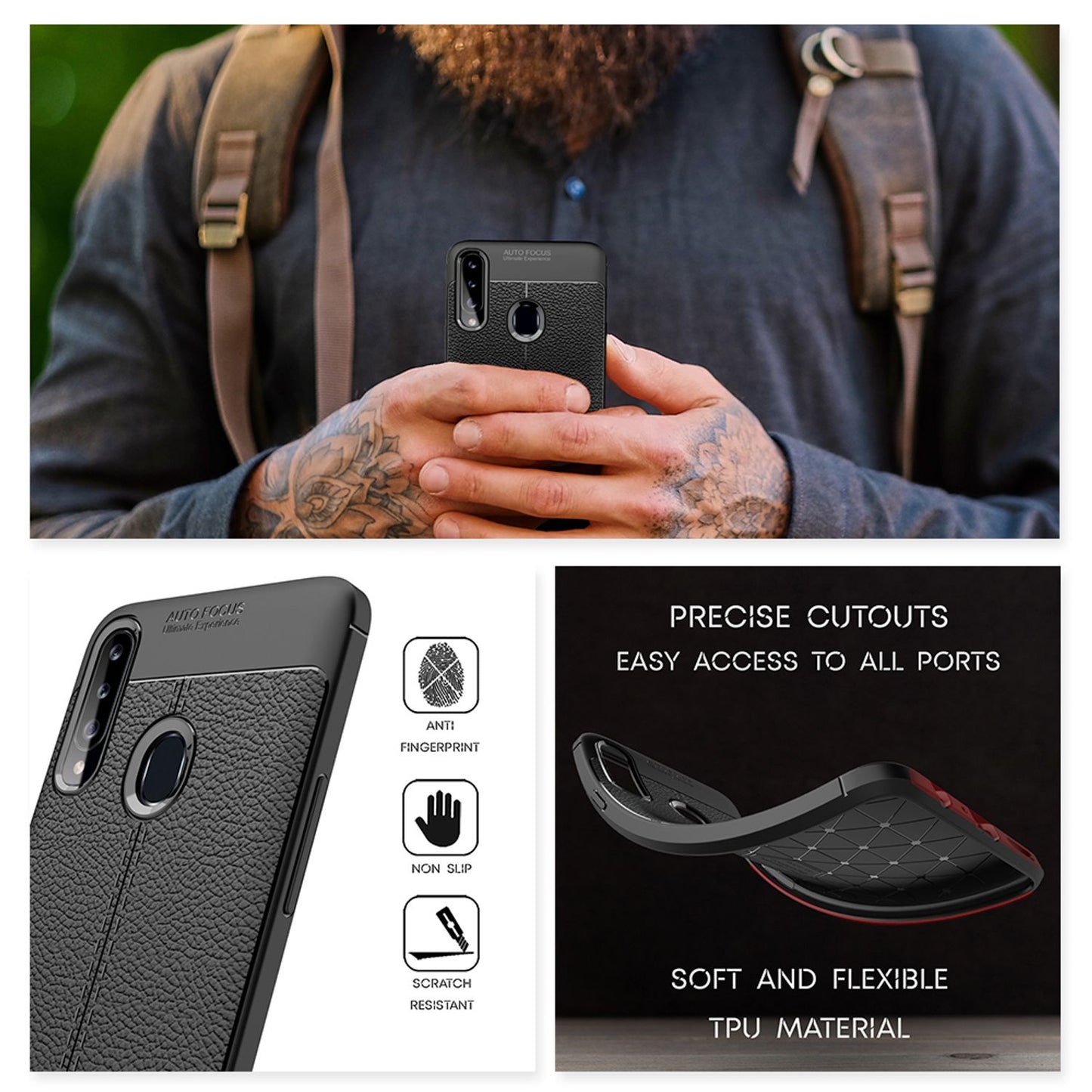 Husă NALIA Design pentru Samsung Galaxy A20s cu aspect de piele - subțire, rezistentă la șocuri și zgârieturi, din silicon, neagră