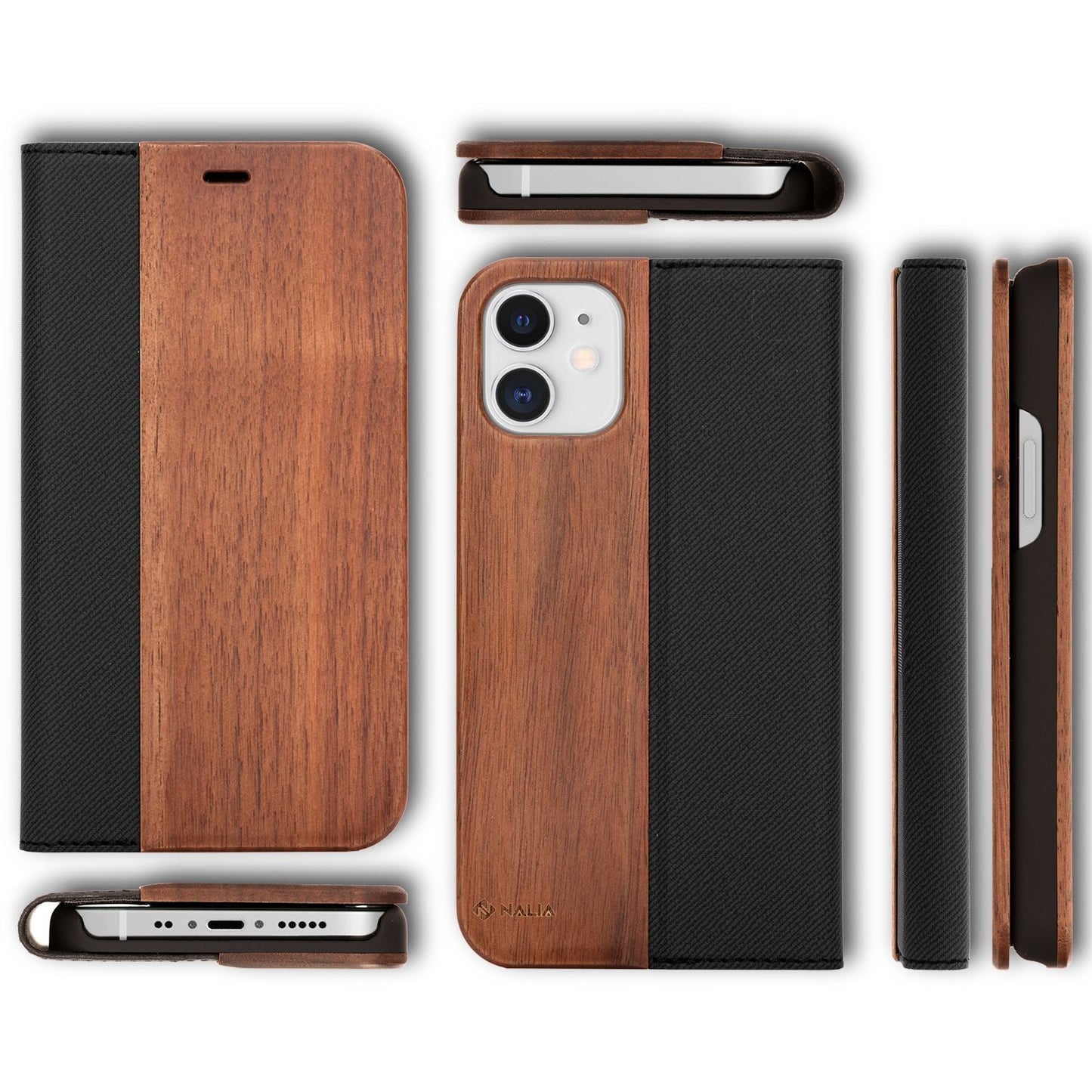 NALIA IPhone 12 Mini Echt Holz Flip Case - Maße 131,5 x 64,2 x 7,4 mm, Gewicht 22 g, FSC Walnussholz