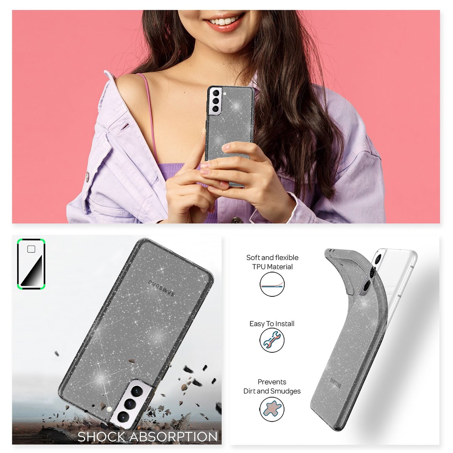 NALIA Galaxy S21 Glitzer Hülle - Glitzerndes Design, Größe 15 X 7 cm, Dicke 1,2 mm, Gewicht 18 g