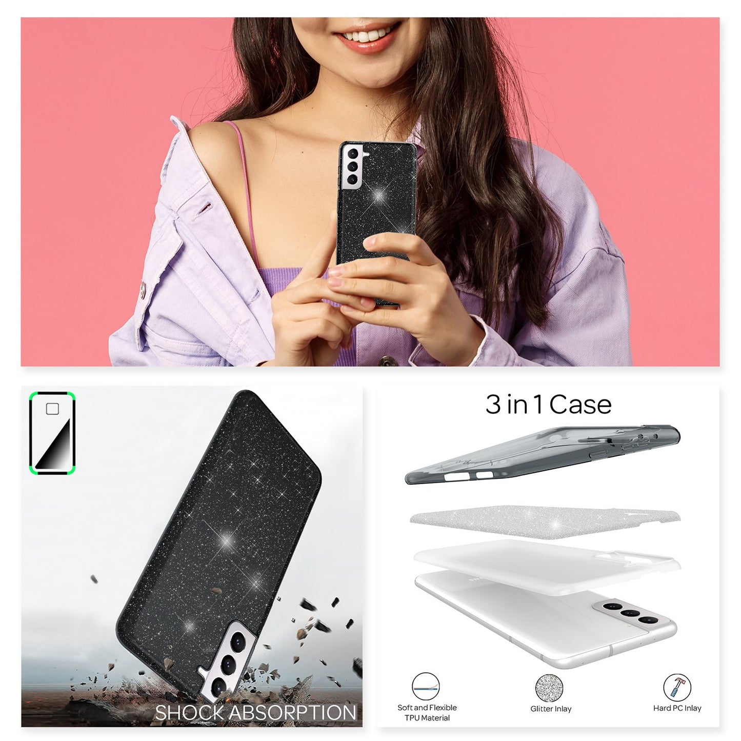 Husă NALIA cu sclipici pentru Galaxy S21 - Strălucire diamantată, compatibilă cu Galaxy S21, material: TPU, subțire