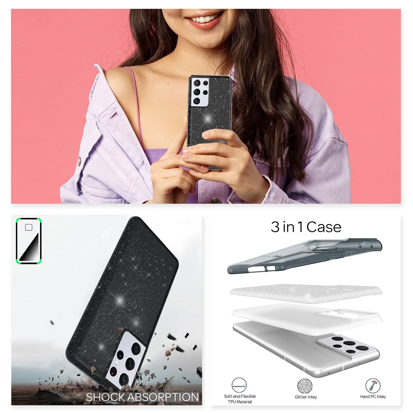 NALIA Glitzer Handy Hülle für Samsung Galaxy S21 Ultra, Diamant Cover Bling Case