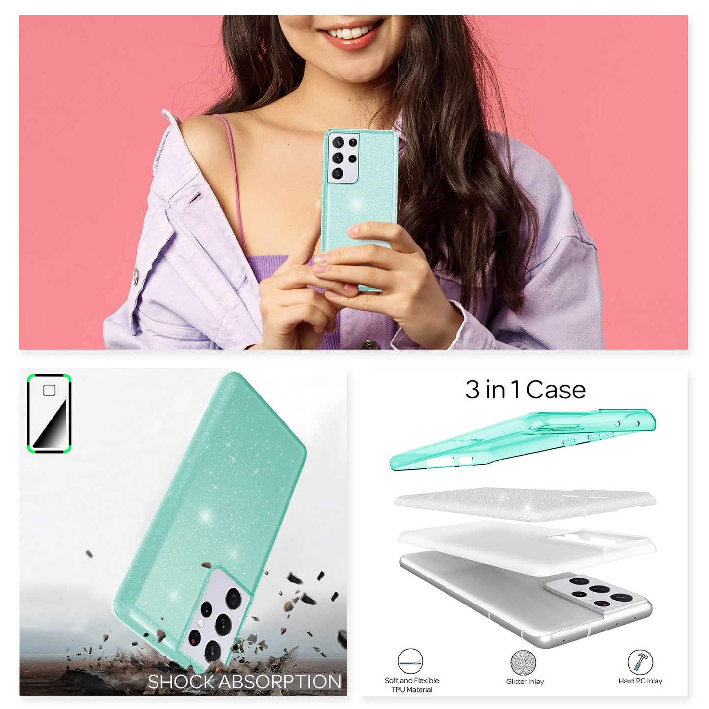 NALIA Glitzer Handy Hülle für Samsung Galaxy S21 Ultra, Diamant Cover Bling Case