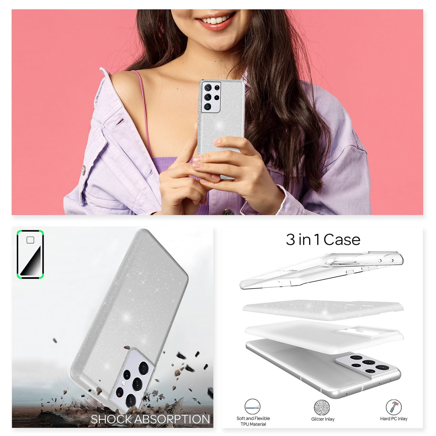 NALIA Glitzer Handy Hülle für Samsung Galaxy S21 Ultra, Diamant Cover Bling Case