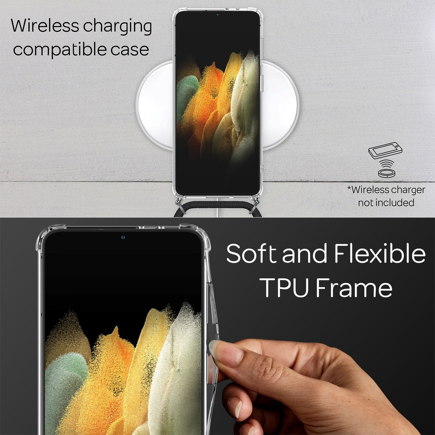 Etui na telefon NALIA Berlin Clear z łańcuszkiem – kompatybilne z Galaxy S21, długość przewodu 60 cm, waga 25 g