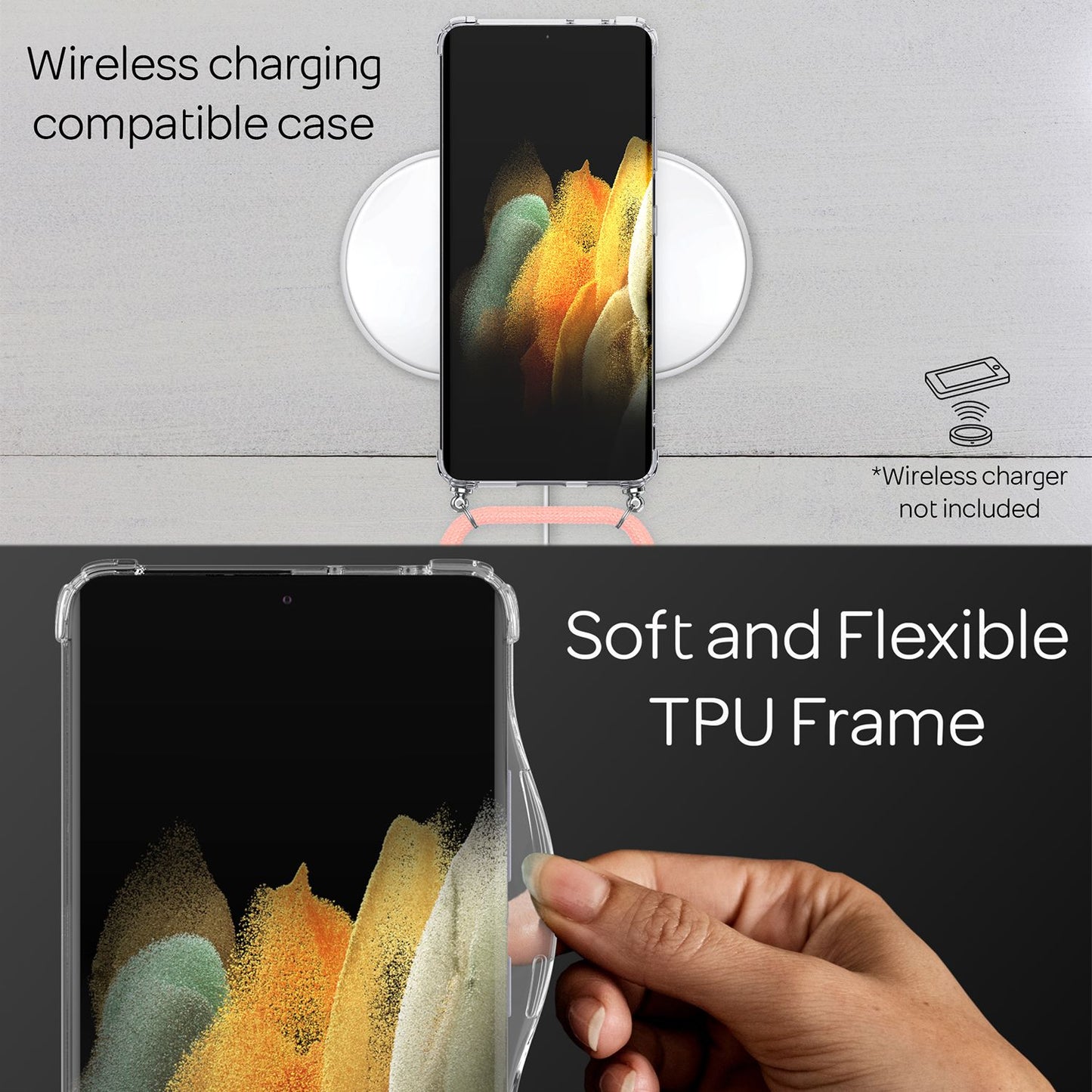 NALIA Klare Handy Hülle mit Kette für Samsung Galaxy S21 Ultra, Band Case Cover