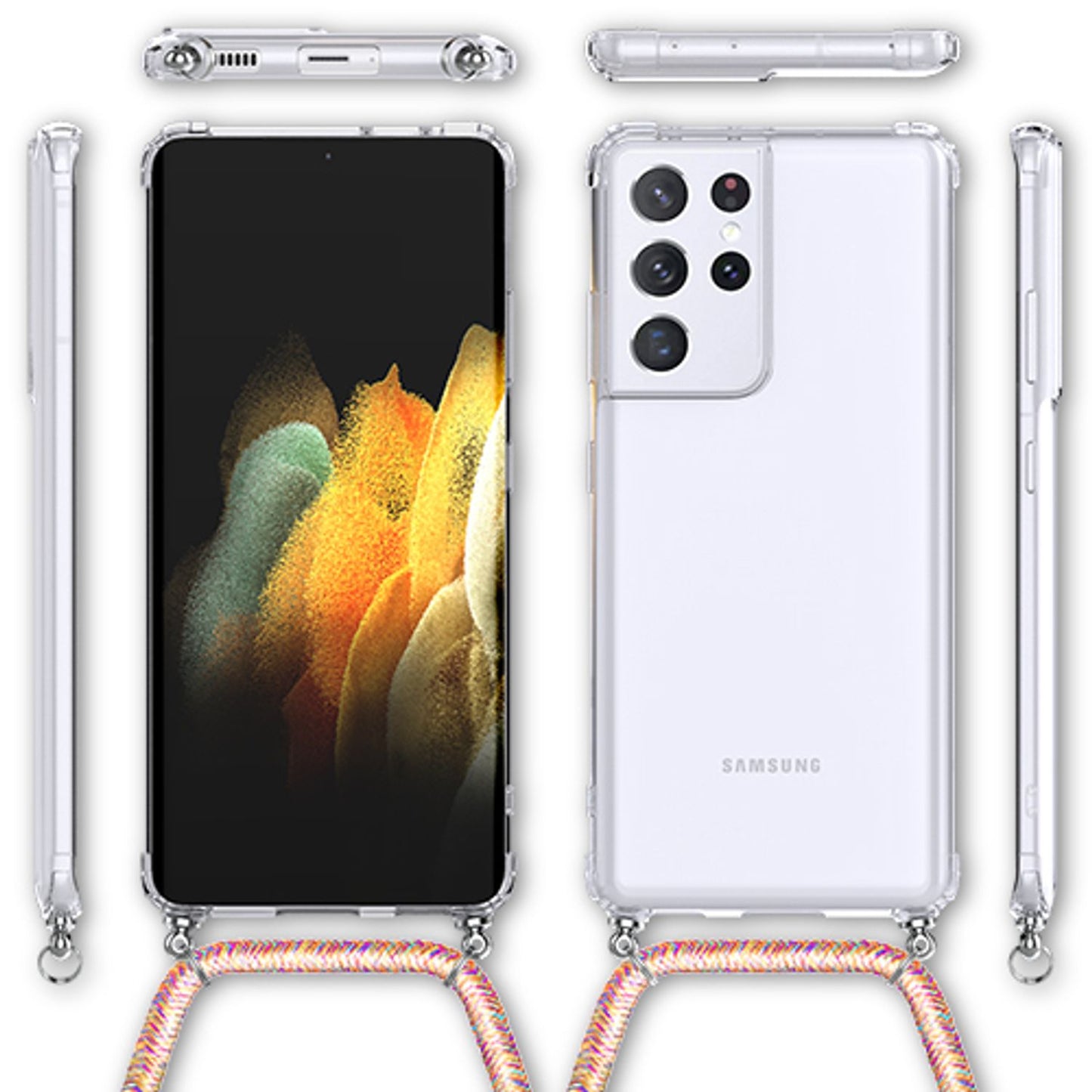 NALIA Klare Handy Hülle mit Kette für Samsung Galaxy S21 Ultra, Band Case Cover