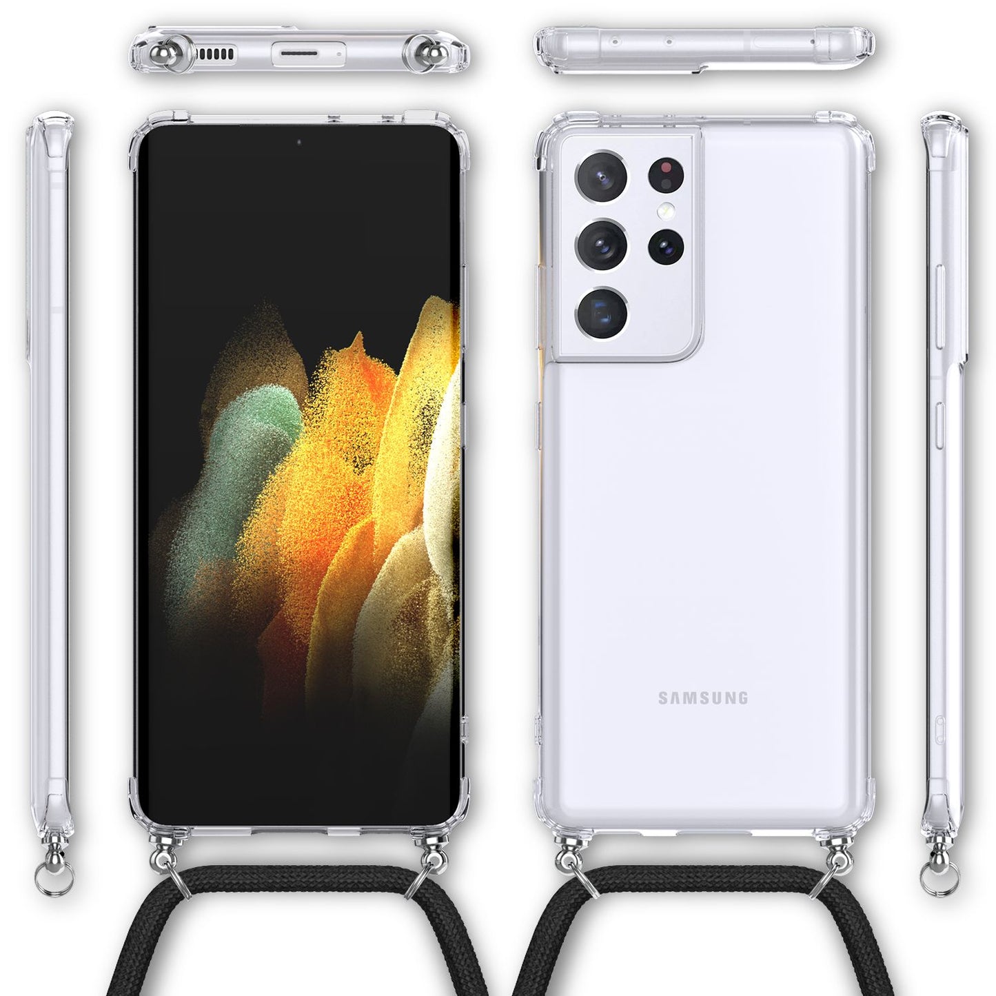 NALIA Klare Handy Hülle mit Kette für Samsung Galaxy S21 Ultra, Band Case Cover