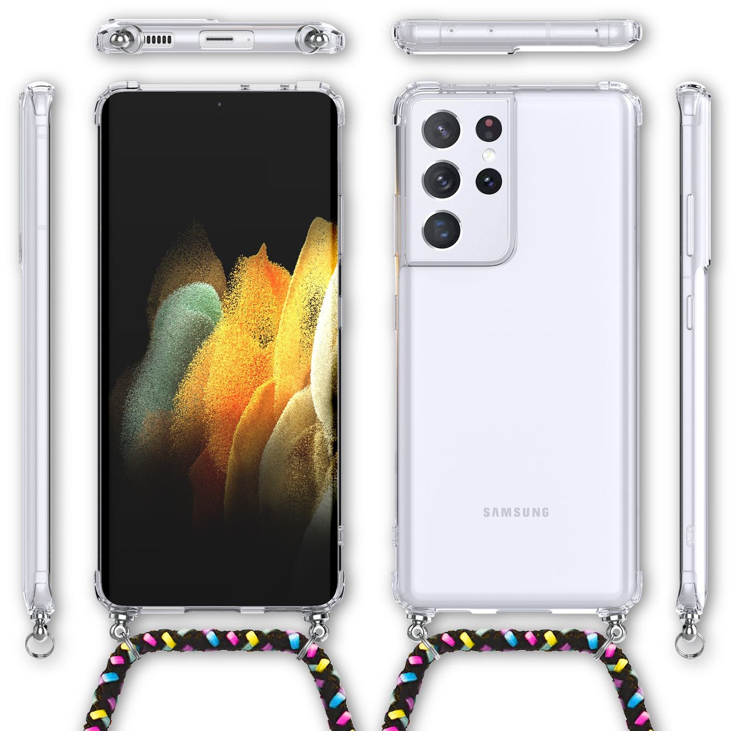 NALIA Klare Handy Hülle mit Kette für Samsung Galaxy S21 Ultra, Band Case Cover