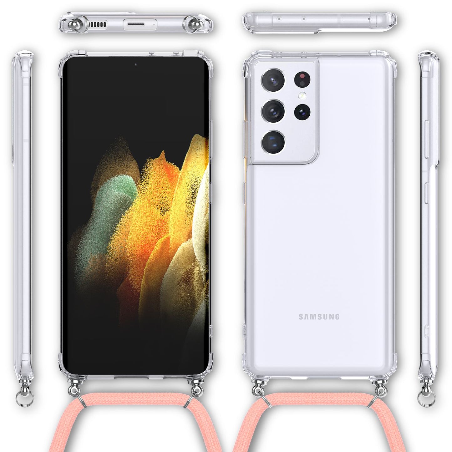 NALIA Klare Handy Hülle mit Kette für Samsung Galaxy S21 Ultra, Band Case Cover