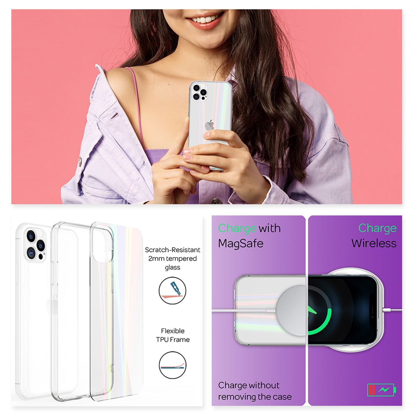 NALIA iPhone 12 Pro Max - Klare Hart Glas Handy Hülle Regenbogen Cover Kratzfest