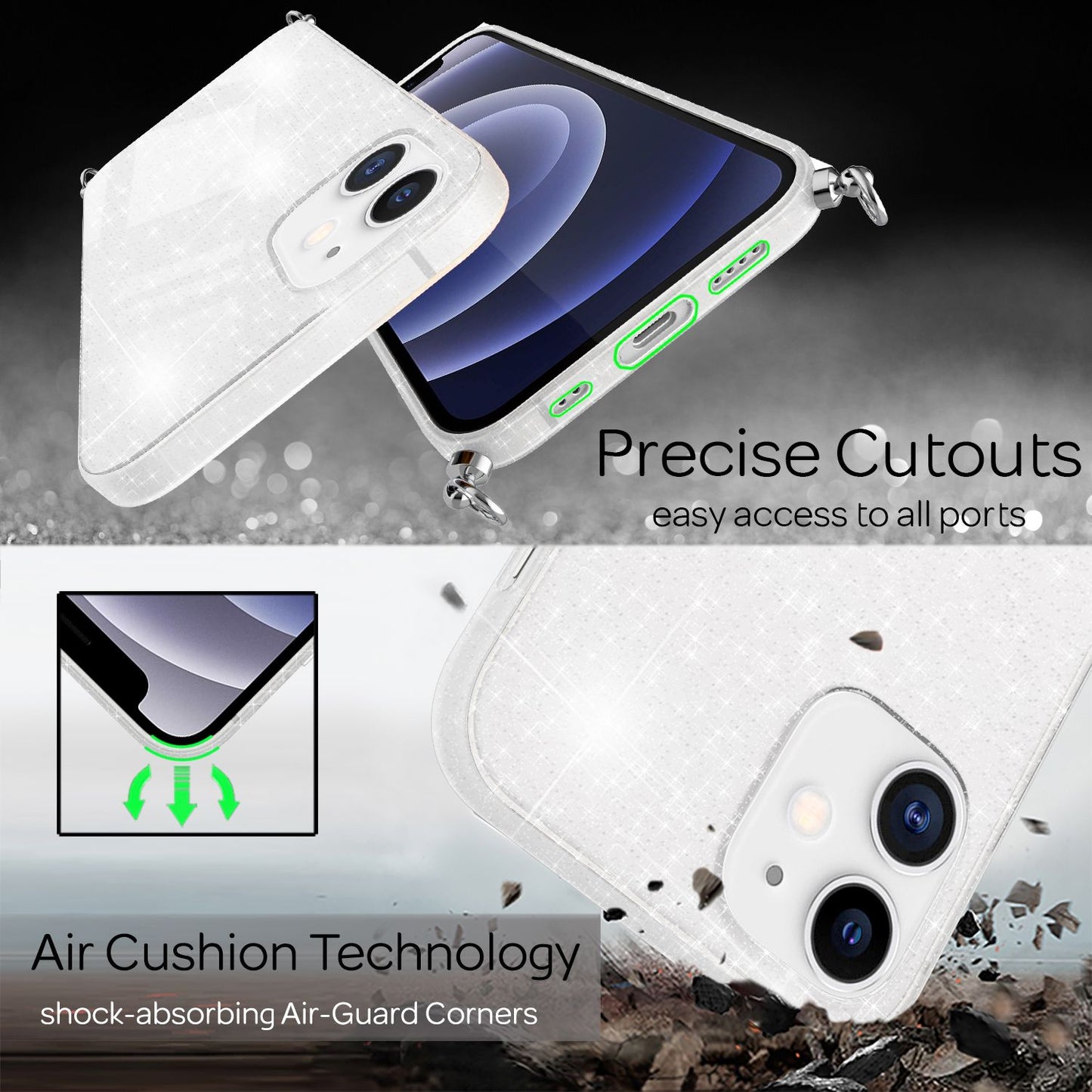 NALIA Glitzer Hülle mit Kette für iPhone 12 mini, Glitter Case Kordel Bling Etui