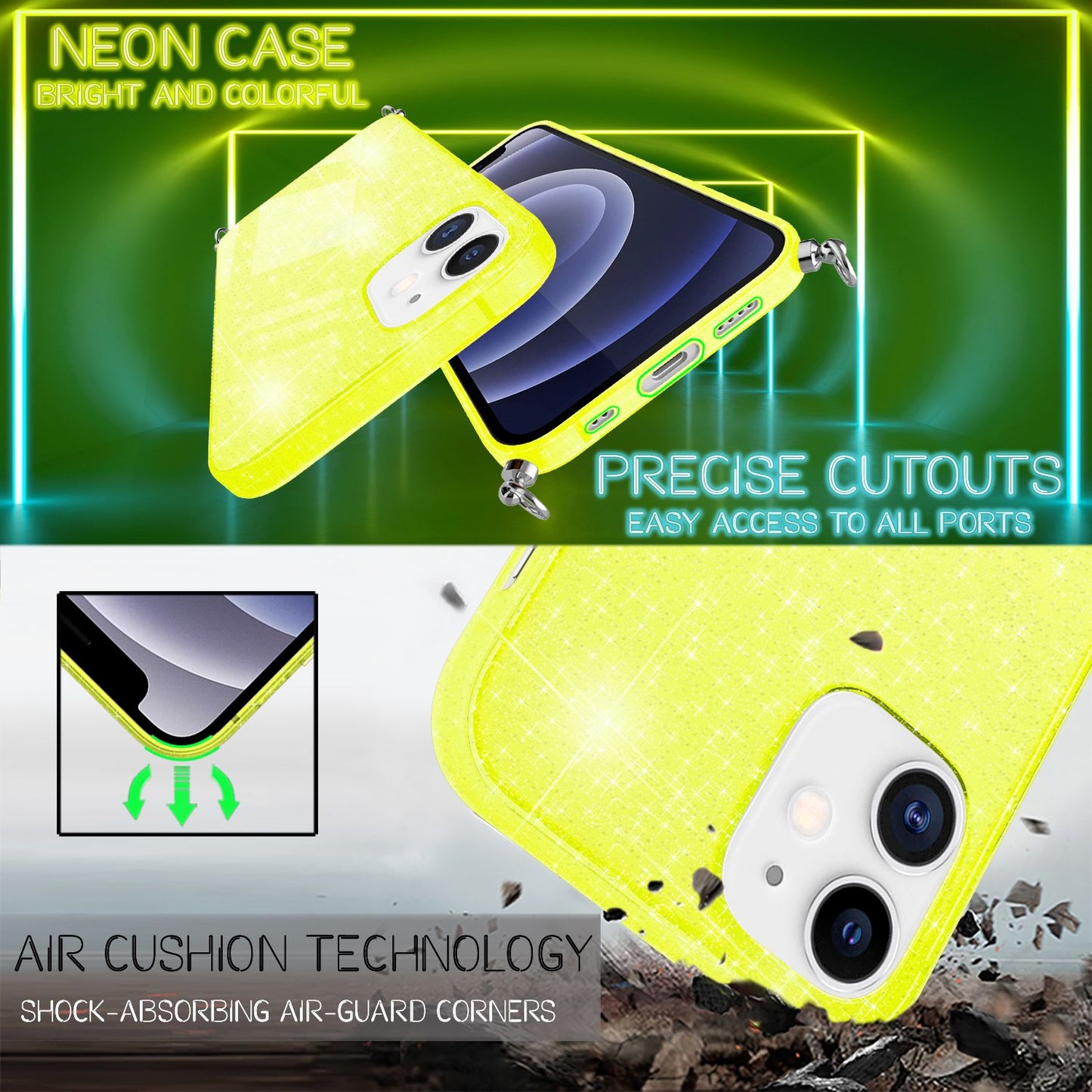 NALIA Glitzer Hülle mit Kette für iPhone 12 mini, Glitter Case Kordel Bling Etui