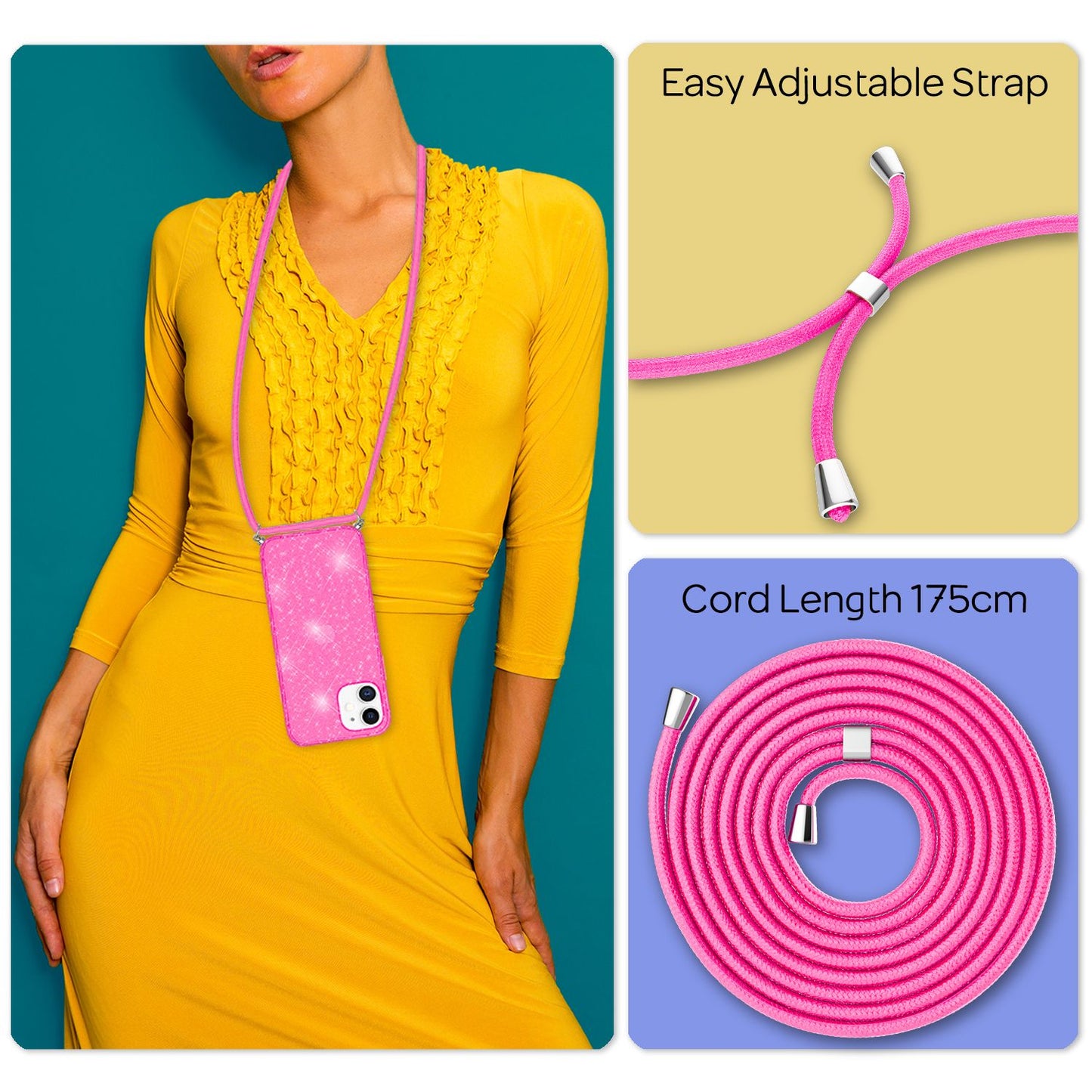 NALIA Glitzer Hülle mit Kette für iPhone 12 mini, Glitter Case Kordel Bling Etui