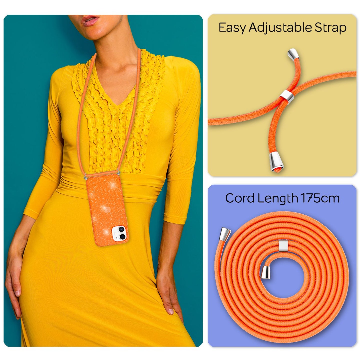 NALIA Glitzer Hülle mit Kette für iPhone 12 mini, Glitter Case Kordel Bling Etui