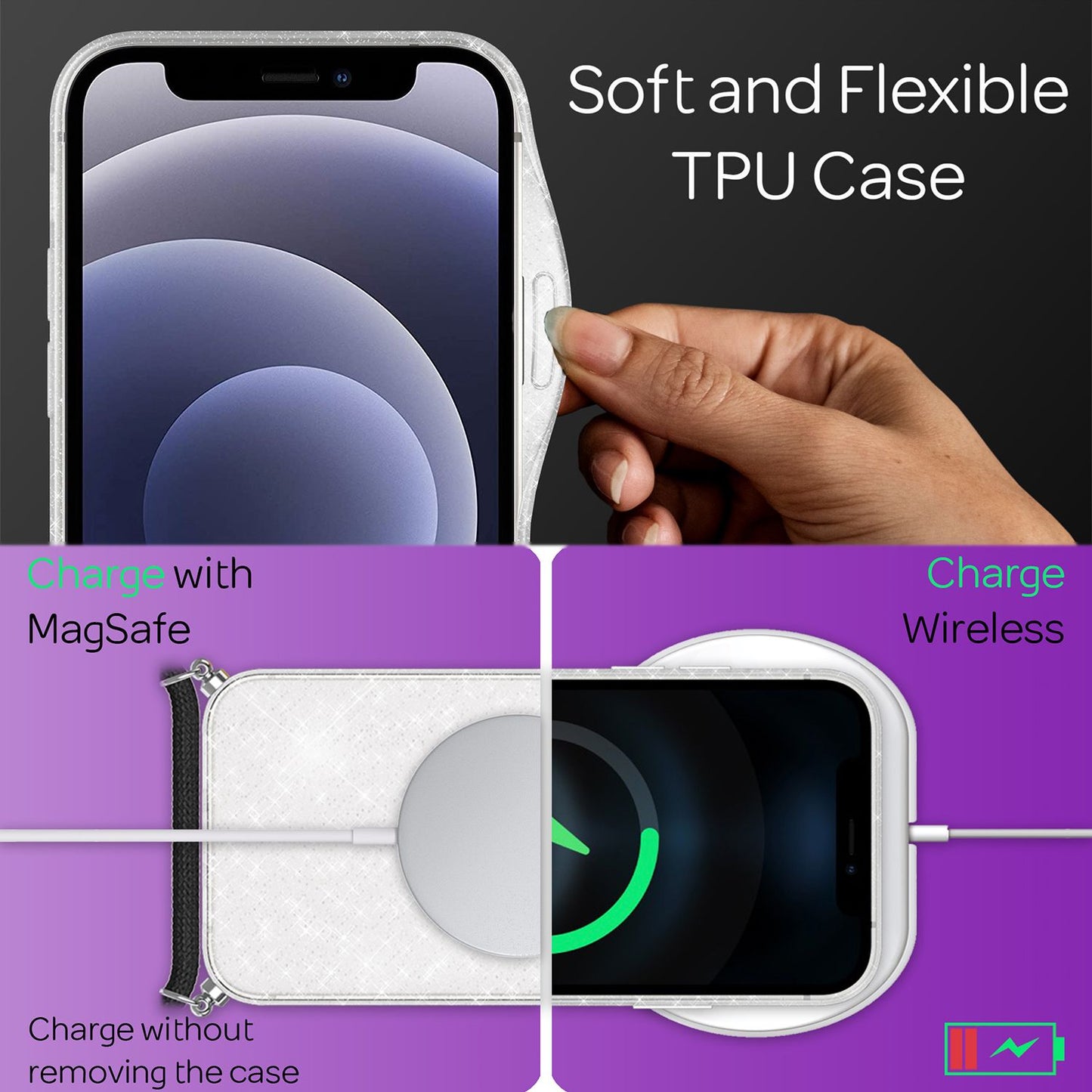 NALIA Glitzer Hülle mit Kette für iPhone 12 mini, Glitter Case Kordel Bling Etui