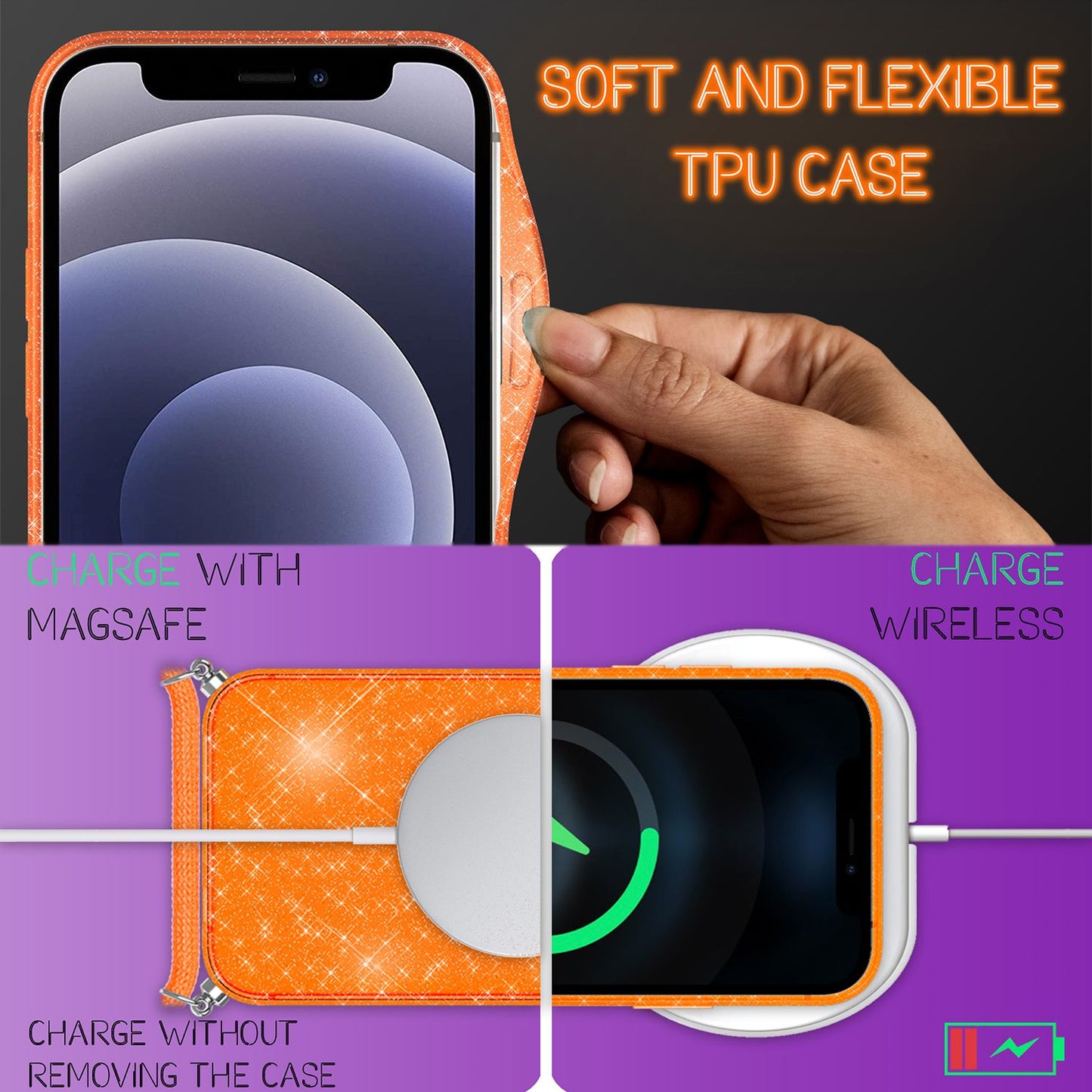 NALIA Glitzer Hülle mit Kette für iPhone 12 mini, Glitter Case Kordel Bling Etui