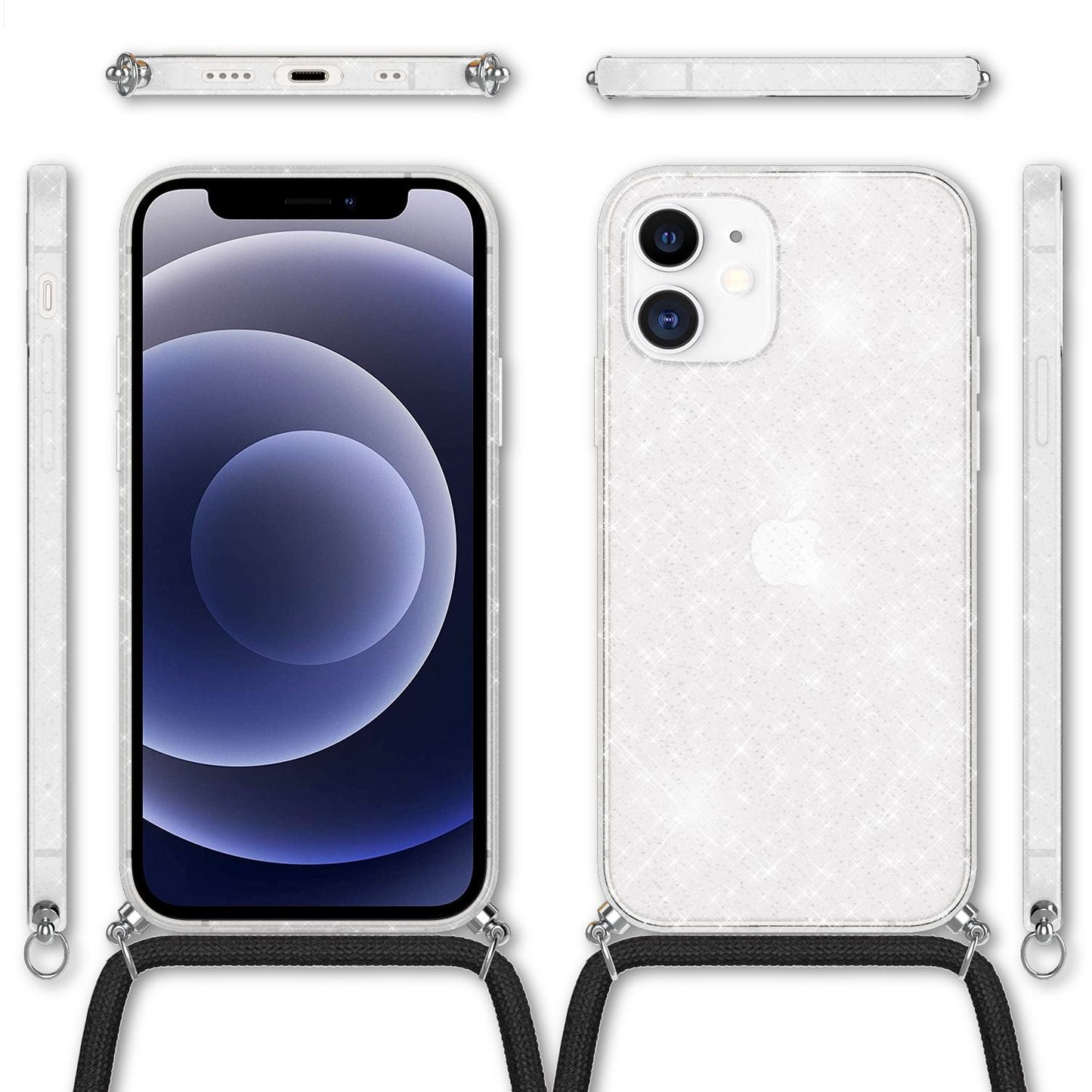 NALIA Glitzer Hülle mit Kette für iPhone 12 mini, Glitter Case Kordel Bling Etui