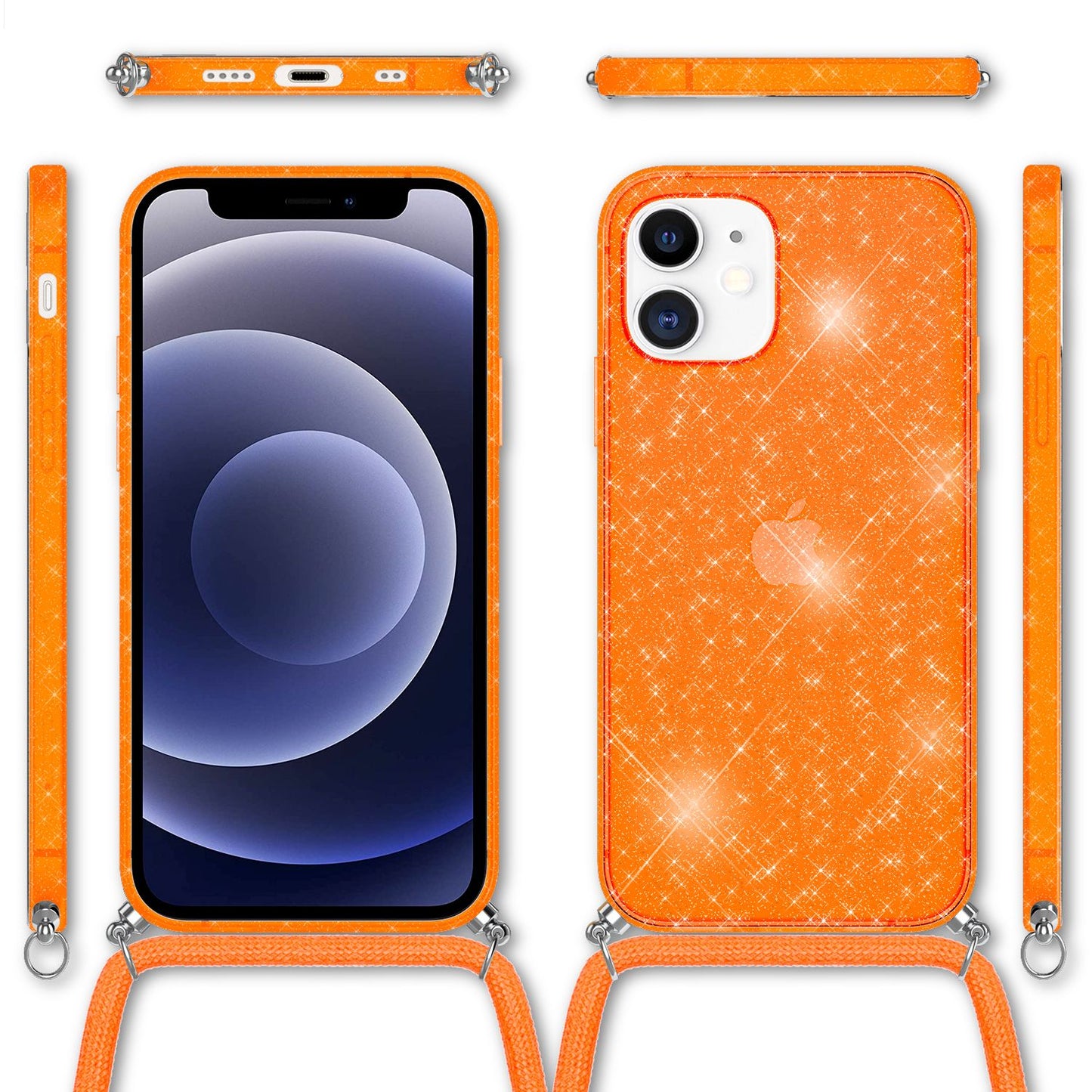 NALIA Glitzer Hülle mit Kette für iPhone 12 mini, Glitter Case Kordel Bling Etui