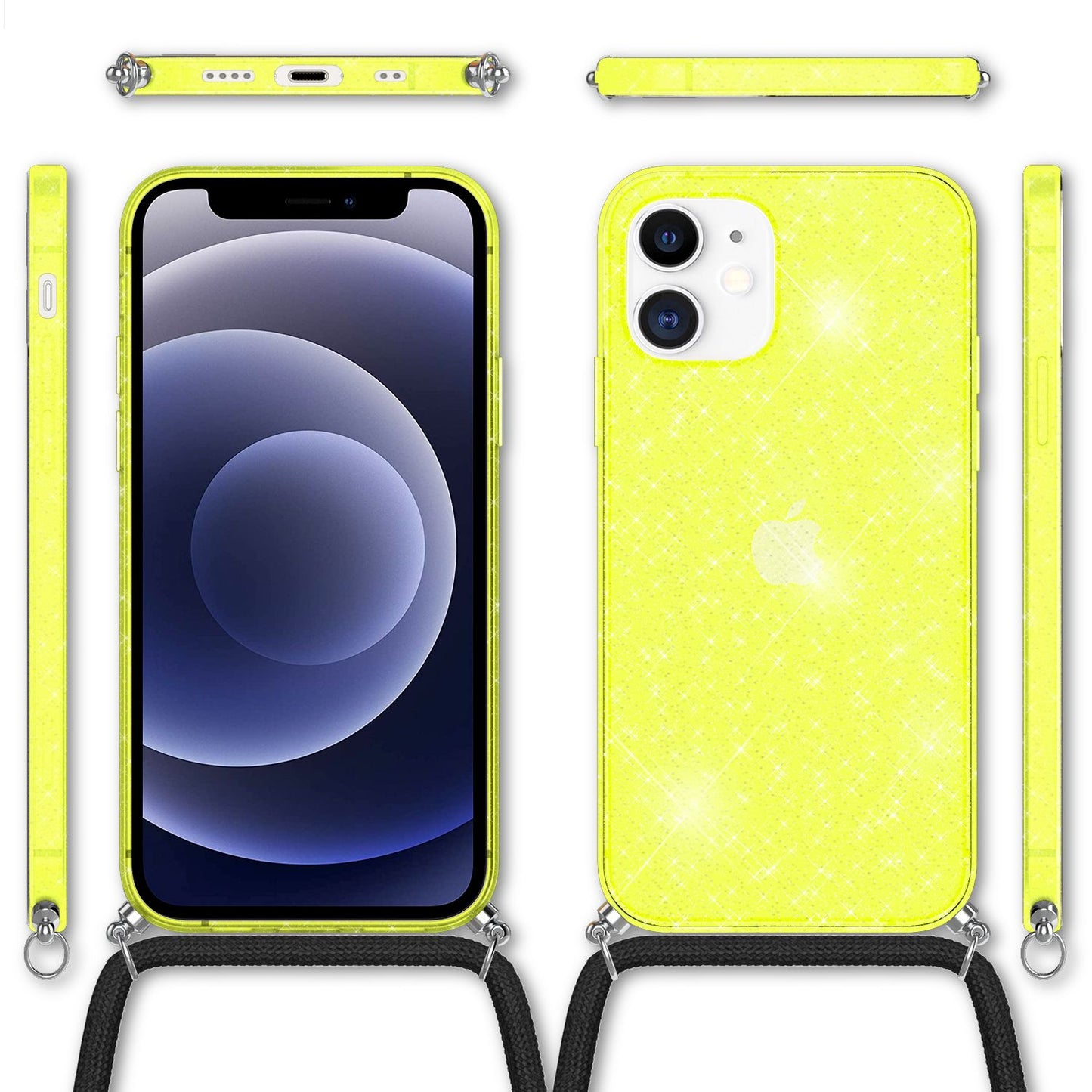 NALIA Glitzer Hülle mit Kette für iPhone 12 mini, Glitter Case Kordel Bling Etui