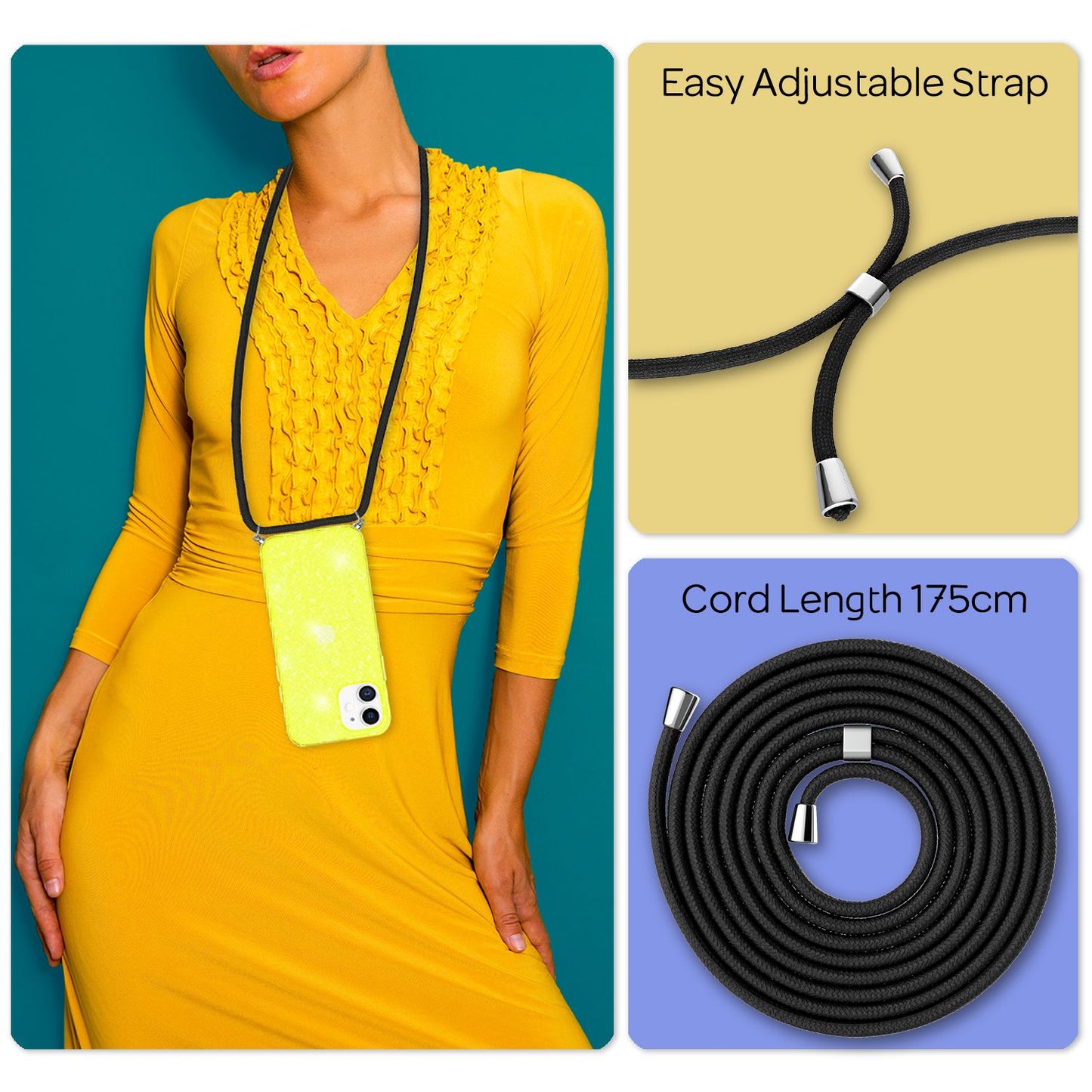 NALIA Glitzer Hülle mit Kette für iPhone 12 / 12 Pro, Glitter Case Kordel Cover