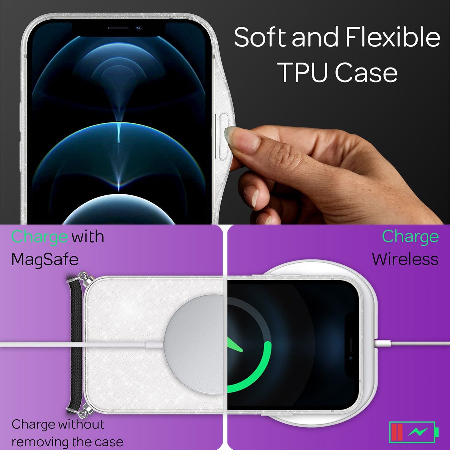 NALIA Glitzer Hülle mit Kette für iPhone 12 / 12 Pro, Glitter Case Kordel Cover