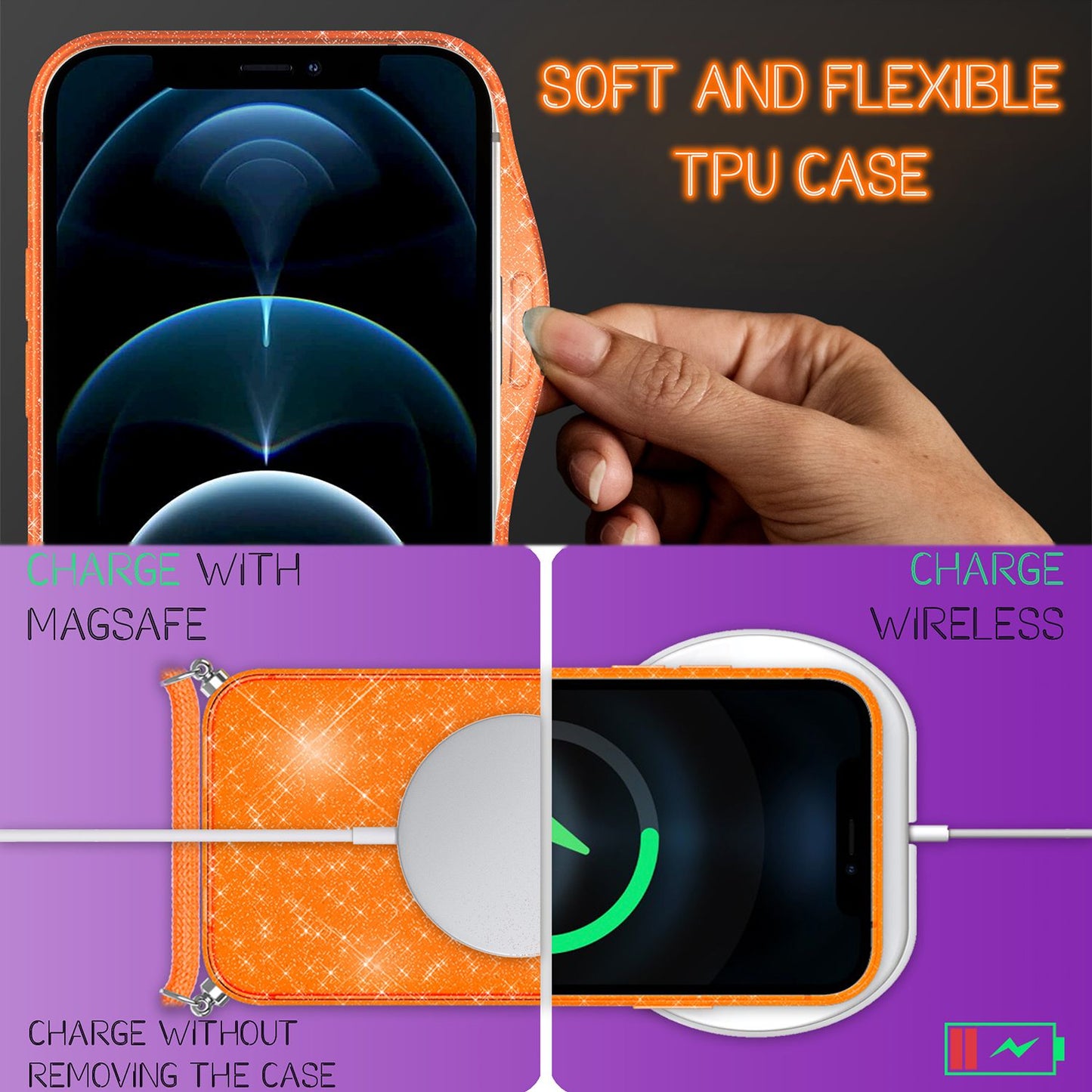 NALIA Glitzer Hülle mit Kette für iPhone 12 / 12 Pro, Glitter Case Kordel Cover