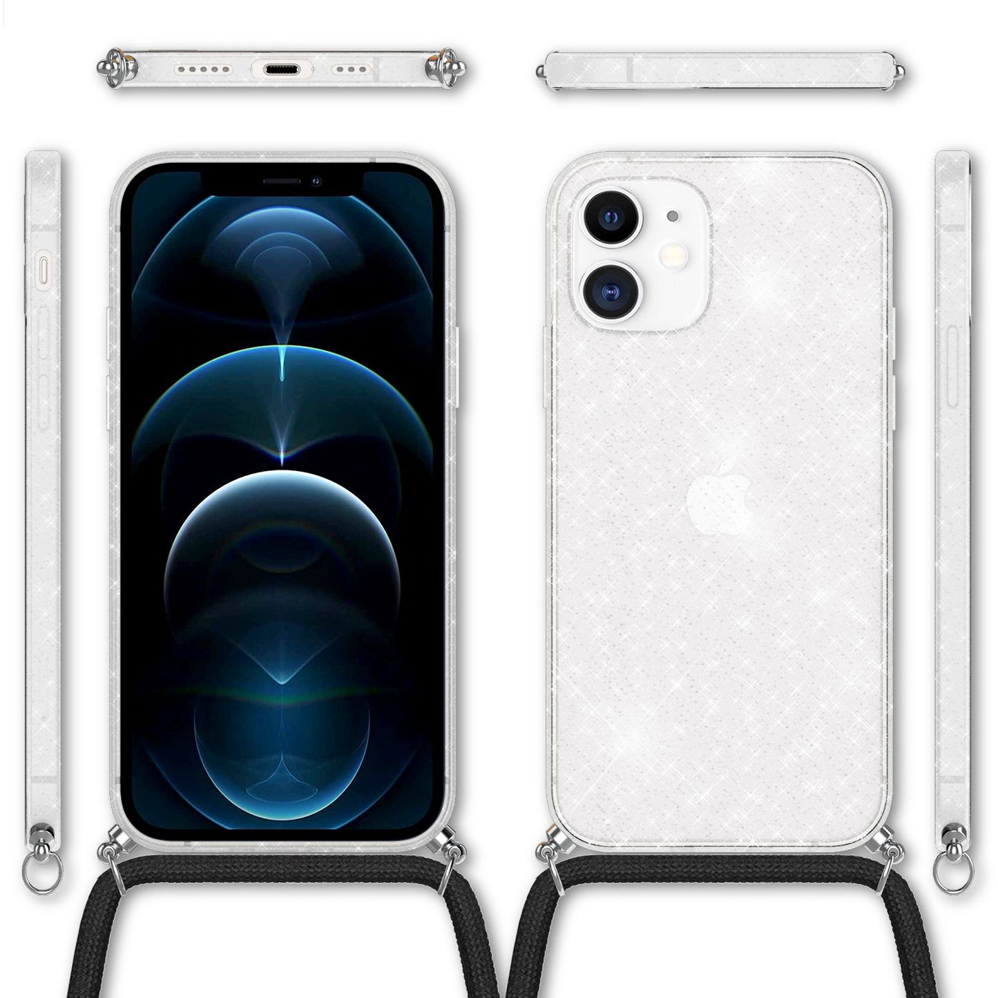 NALIA Glitzer Hülle mit Kette für iPhone 12 / 12 Pro, Glitter Case Kordel Cover