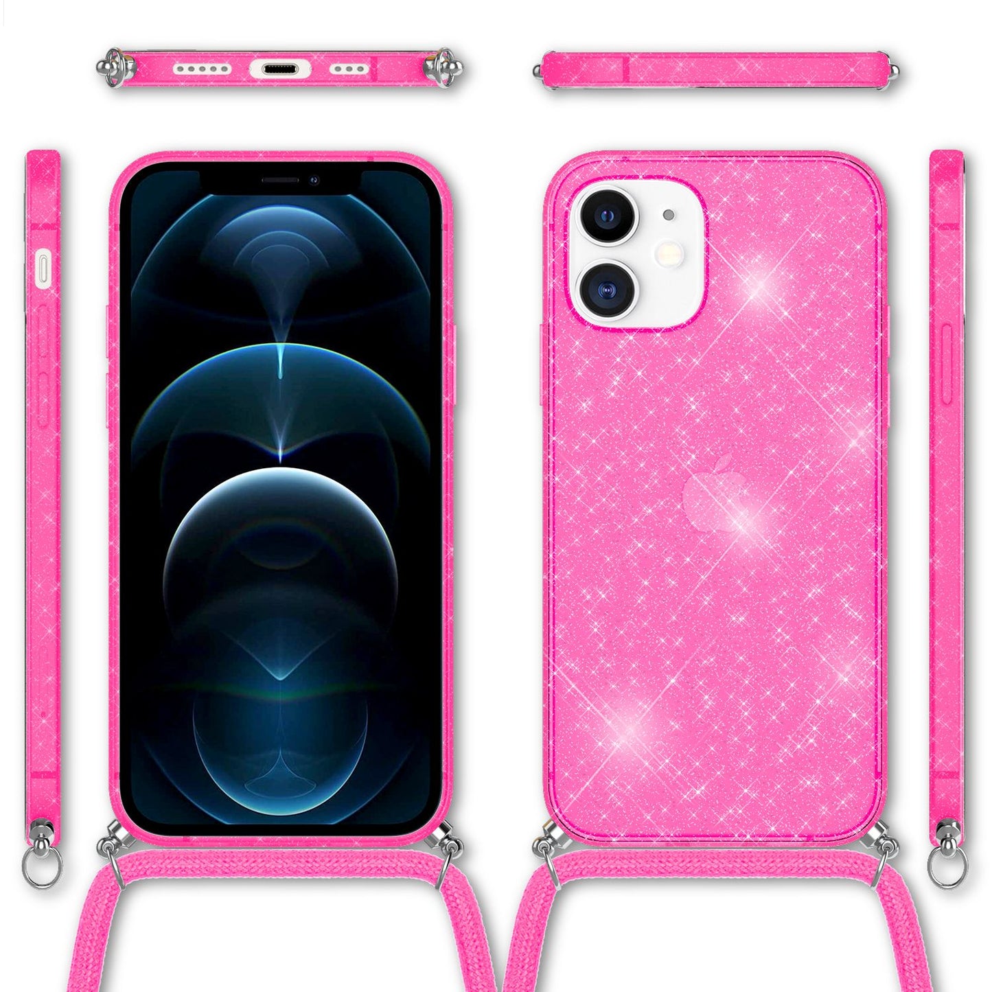 NALIA Glitzer Hülle mit Kette für iPhone 12 / 12 Pro, Glitter Case Kordel Cover