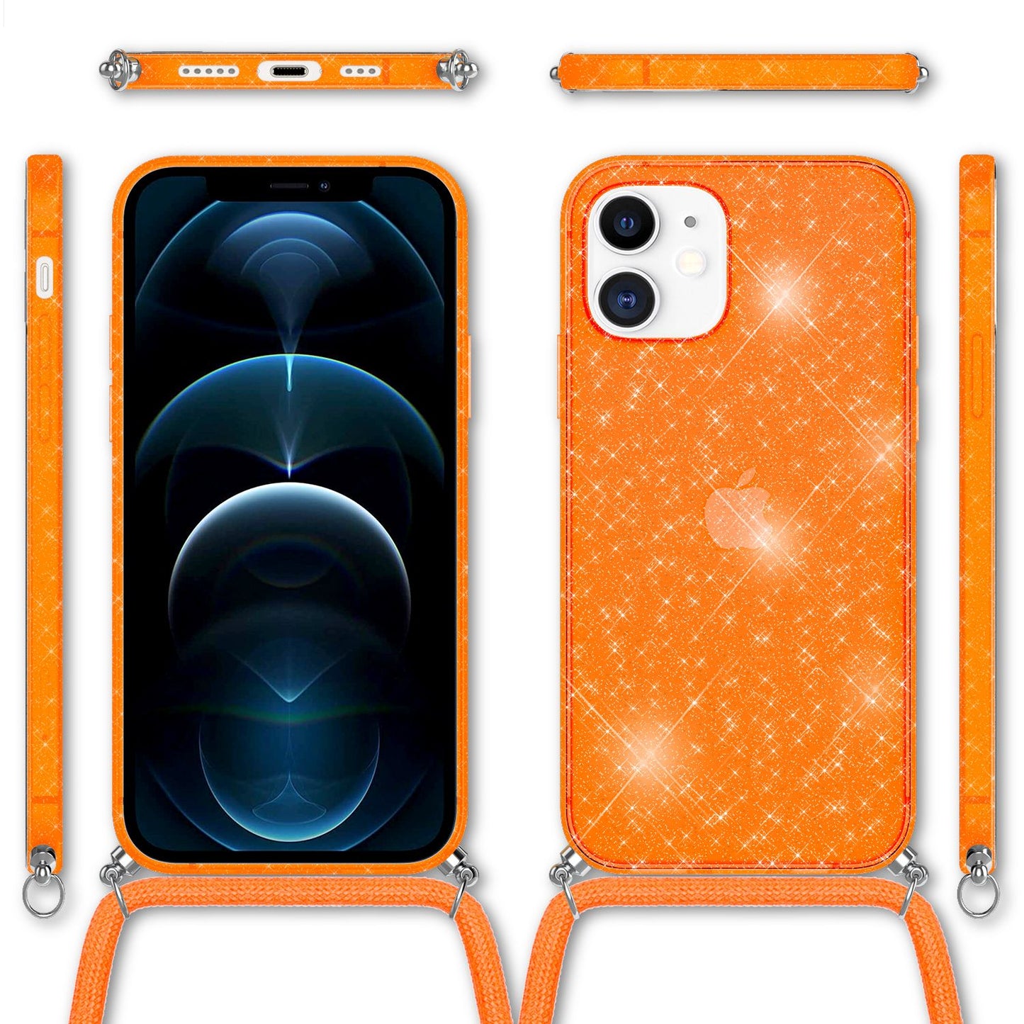 NALIA Glitzer Hülle mit Kette für iPhone 12 / 12 Pro, Glitter Case Kordel Cover