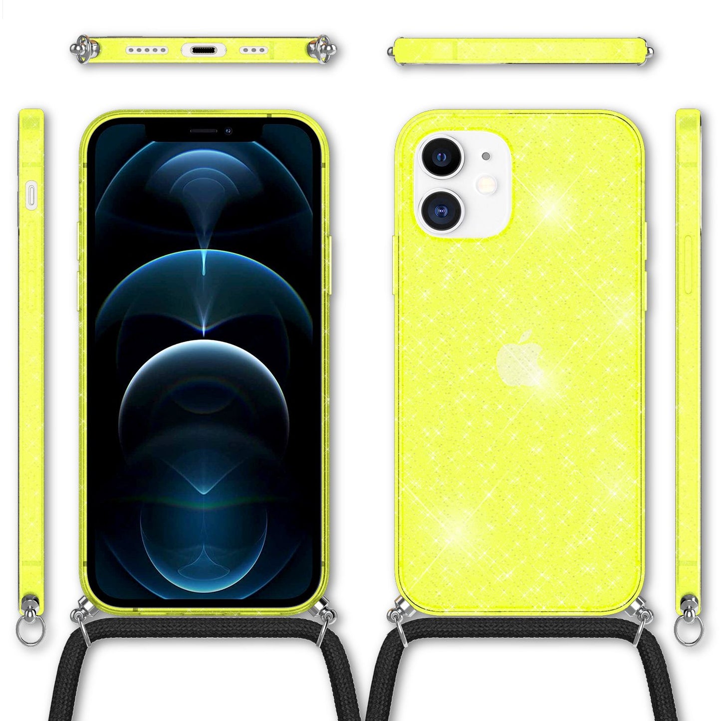 NALIA Glitzer Hülle mit Kette für iPhone 12 / 12 Pro, Glitter Case Kordel Cover