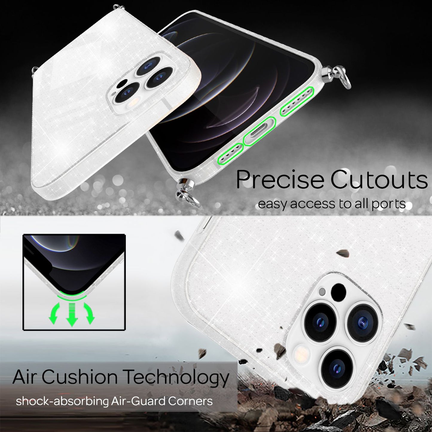 NALIA Glitzer Hülle mit Kette für iPhone 12 Pro Max, Glitter Case Kordel Cover