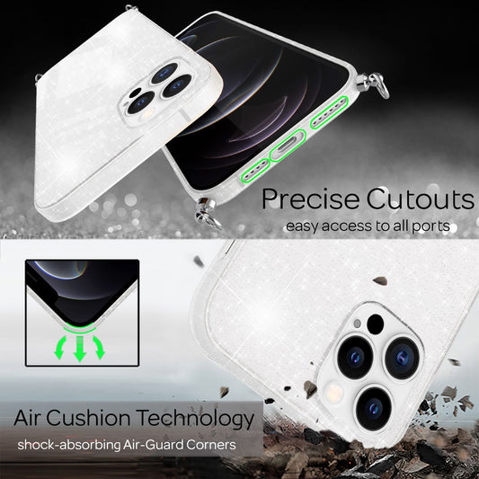 NALIA Glitzer Hülle mit Kette für iPhone 12 Pro Max, Glitter Case Kordel Cover