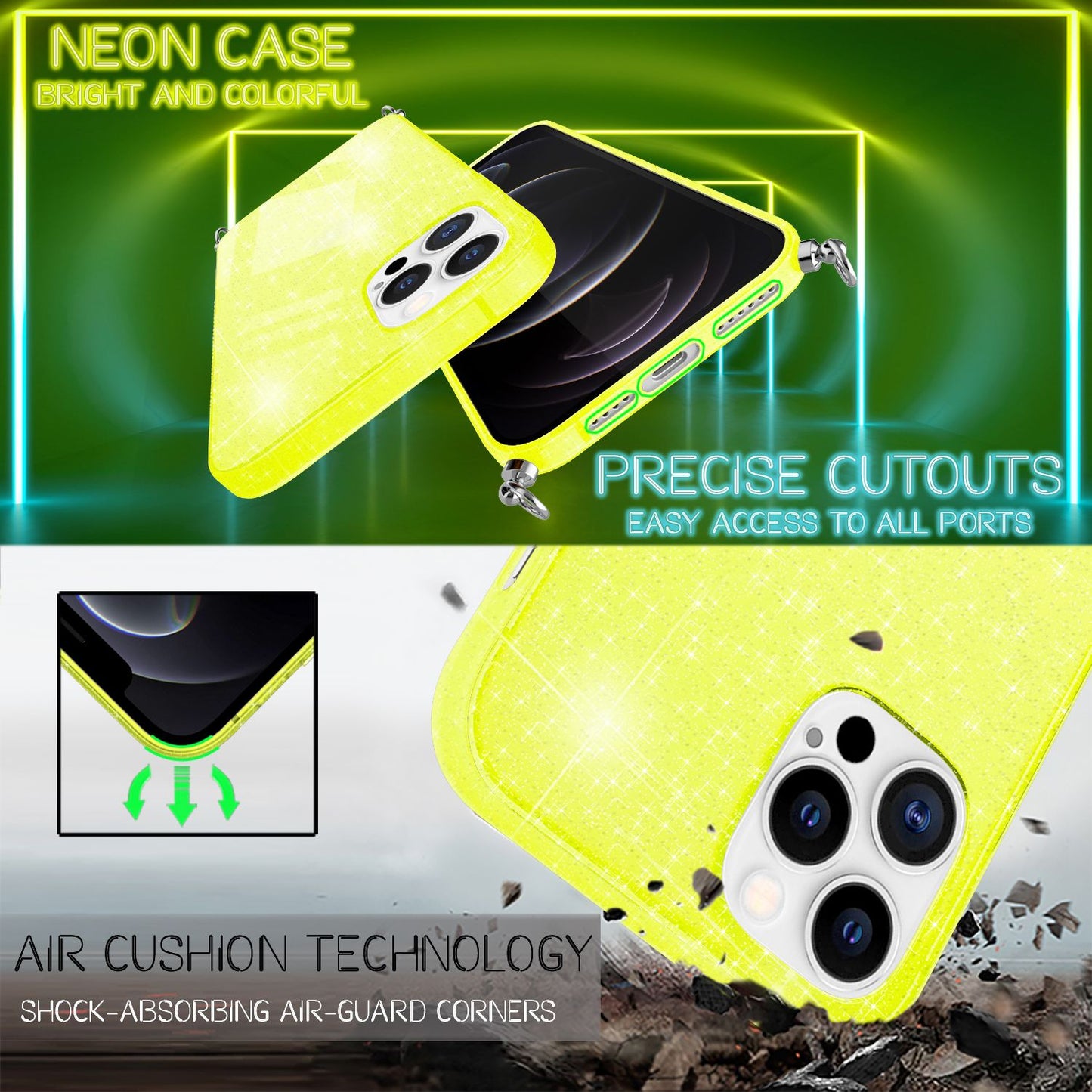 NALIA Glitzer Hülle mit Kette für iPhone 12 Pro Max, Glitter Case Kordel Cover