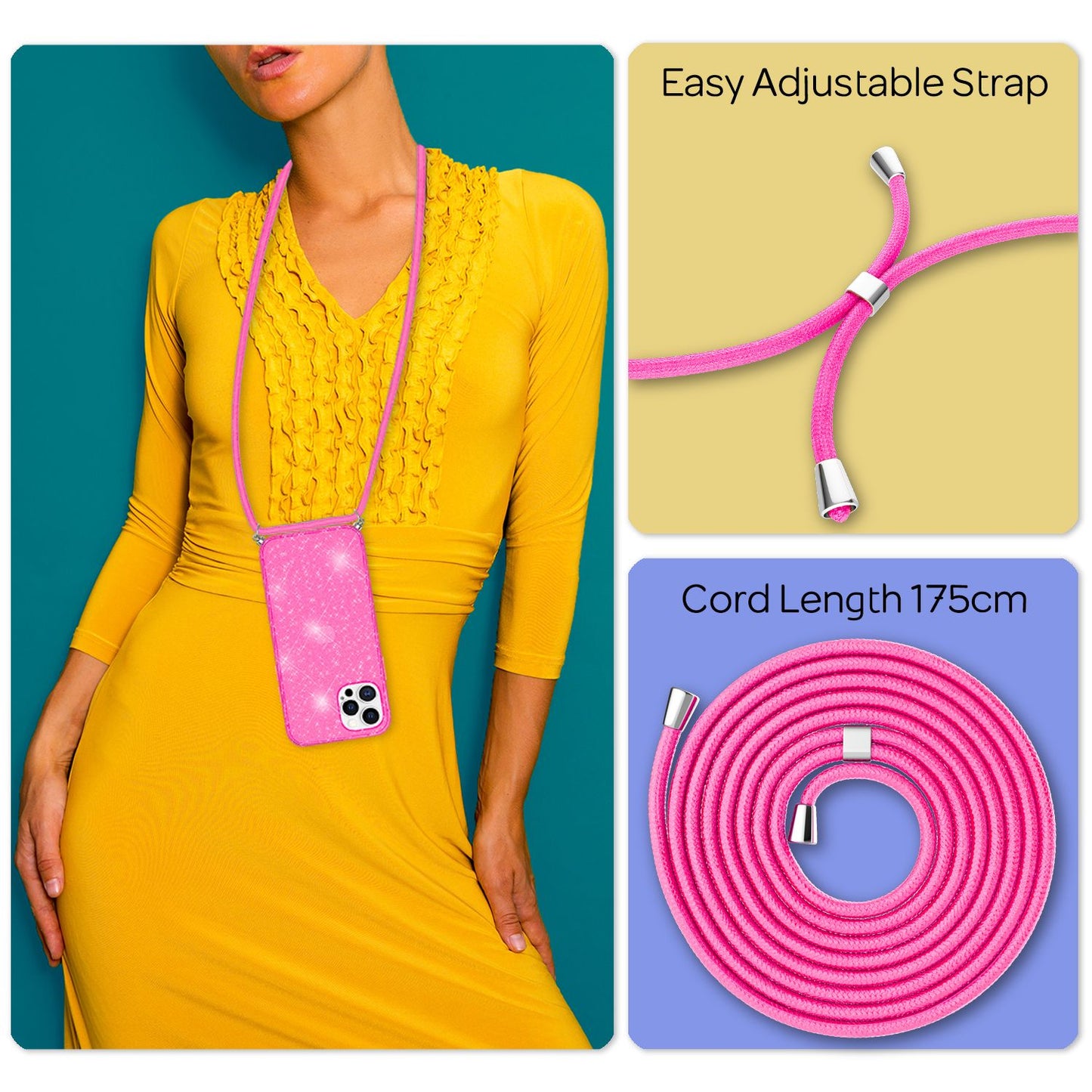 NALIA Glitzer Hülle mit Kette für iPhone 12 Pro Max, Glitter Case Kordel Cover