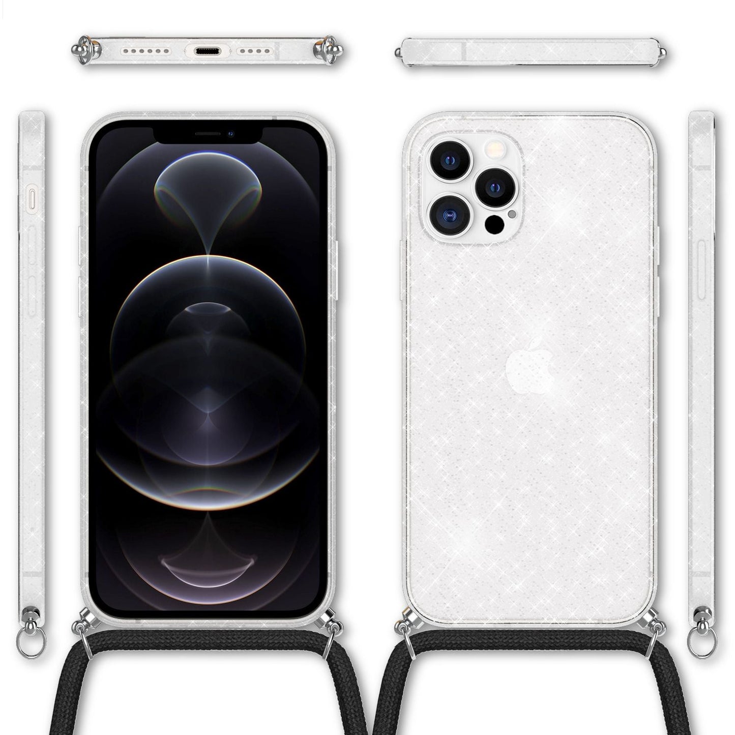 NALIA Glitzer Hülle mit Kette für iPhone 12 Pro Max, Glitter Case Kordel Cover